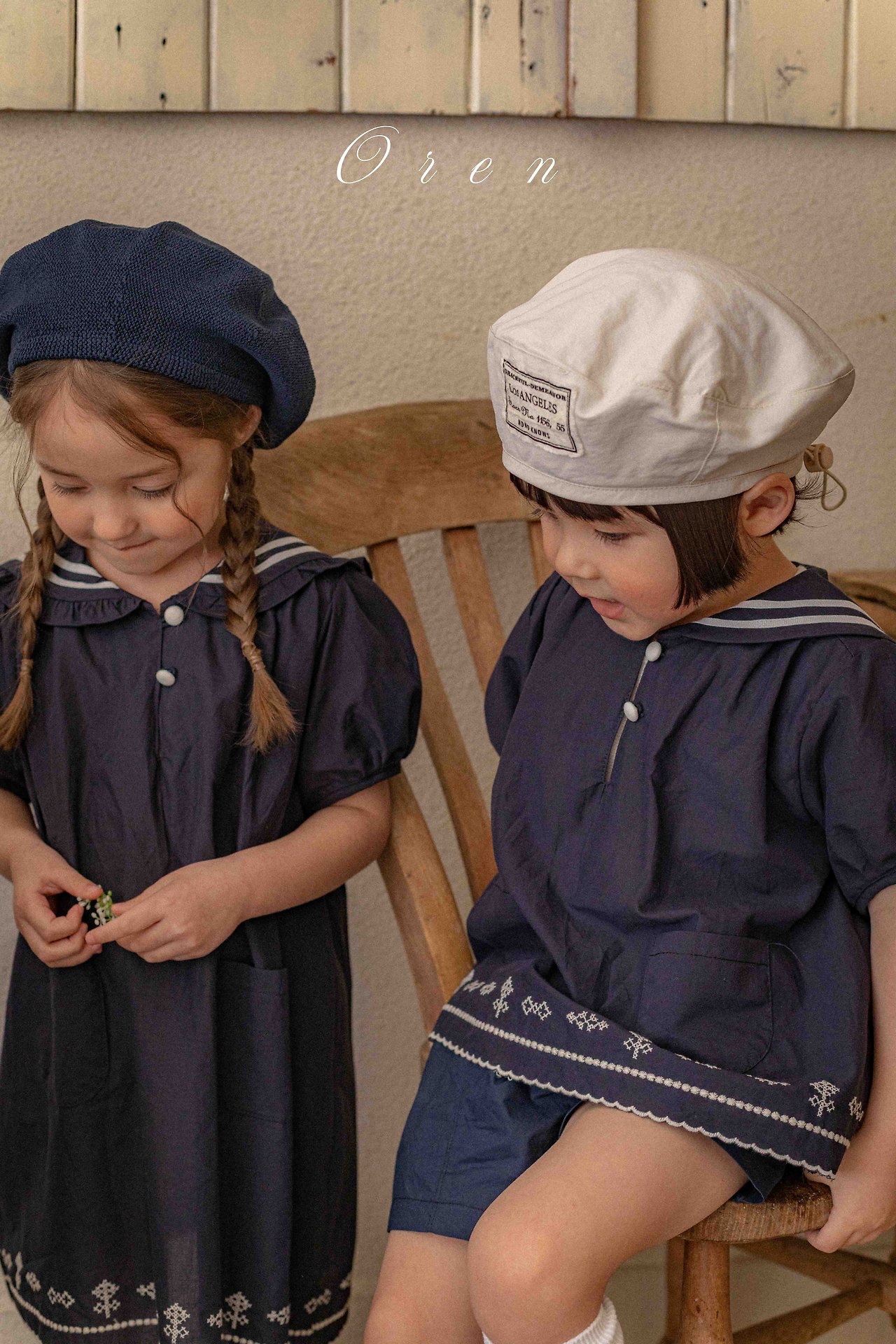 ☀️預訂 韓國直送☀️🇰🇷Oren Marinette兩色海洋風水手領刺繡短袖包屁衣/連身裙/上下套裝