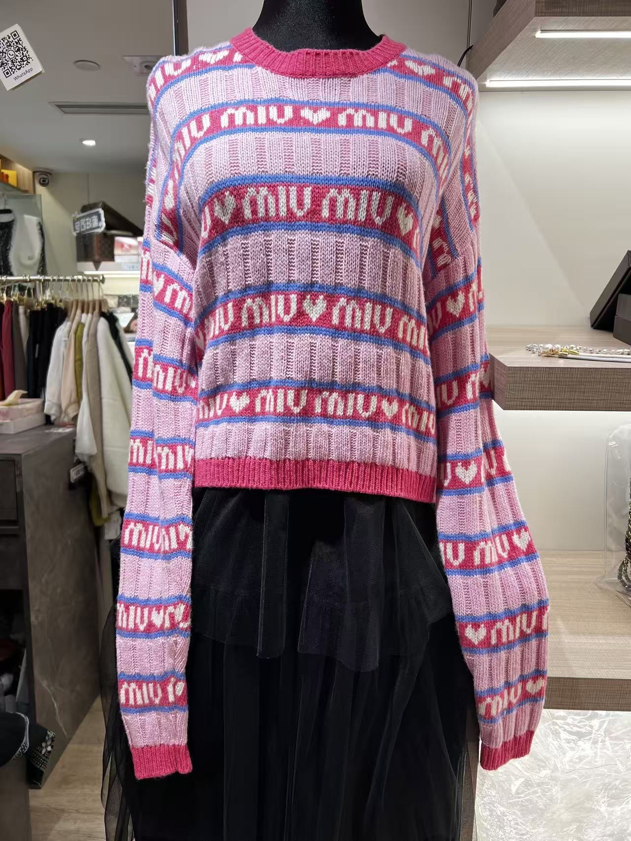 Miu Miu Logo Heart Striped Knit Sweater（100% Wool)