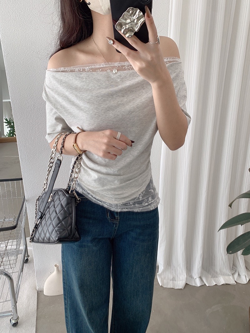 蕾丝拼接假两件荡领短袖T恤 褶皱显瘦纯欲气质上衣