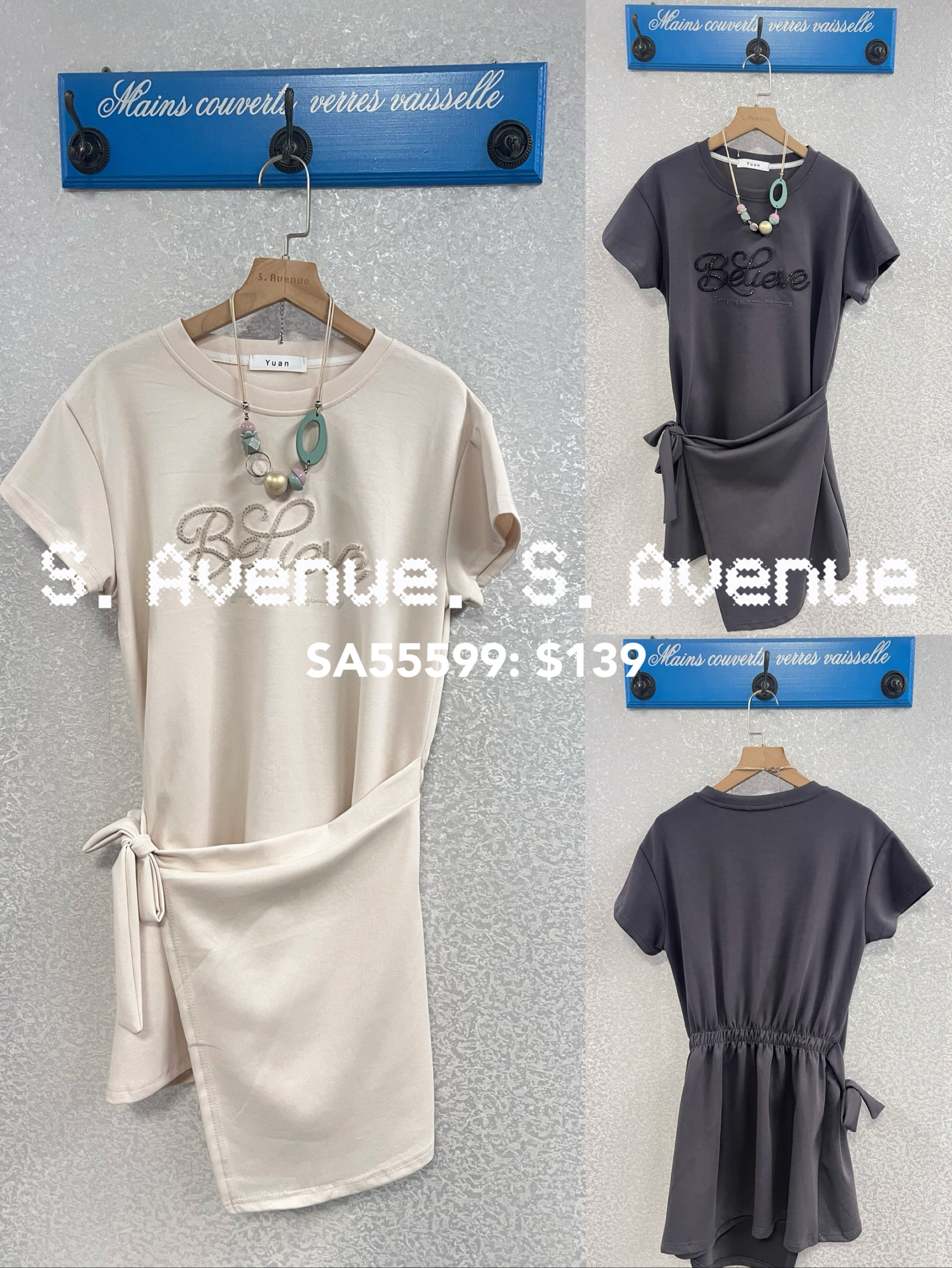 SA55599: 短袖繡Believe前打結不規則op