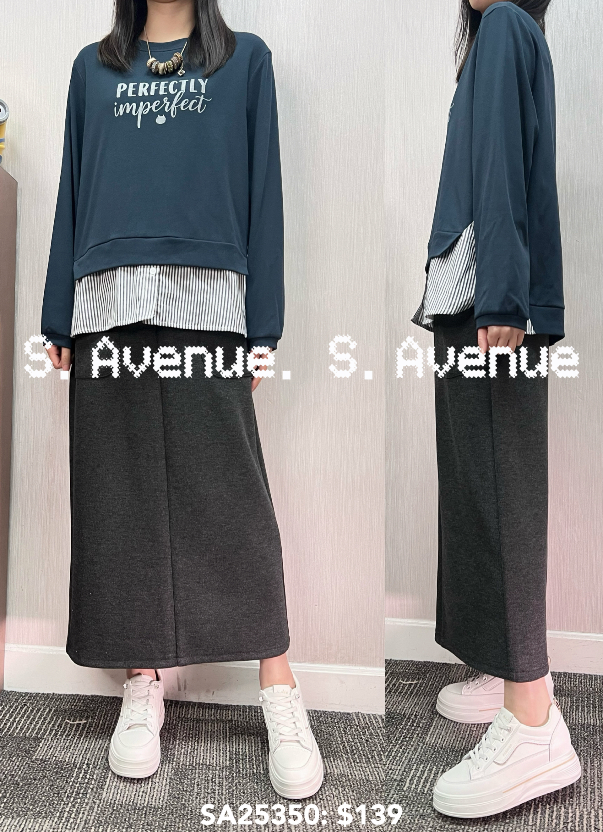 SA25350: 長袖英文字下直條tee