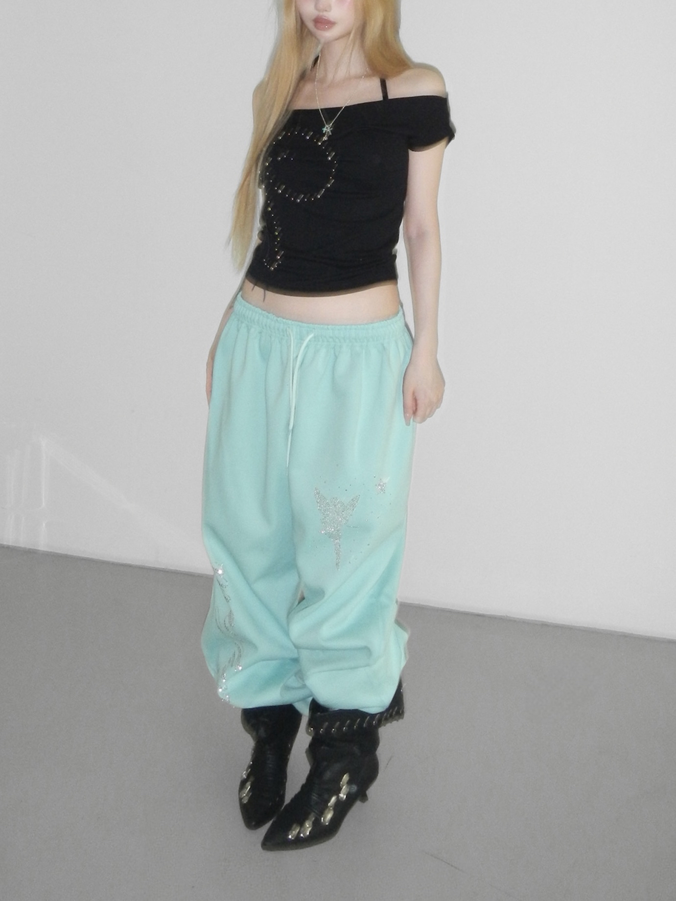 Rhinestone Graphic Wide-Leg Pants