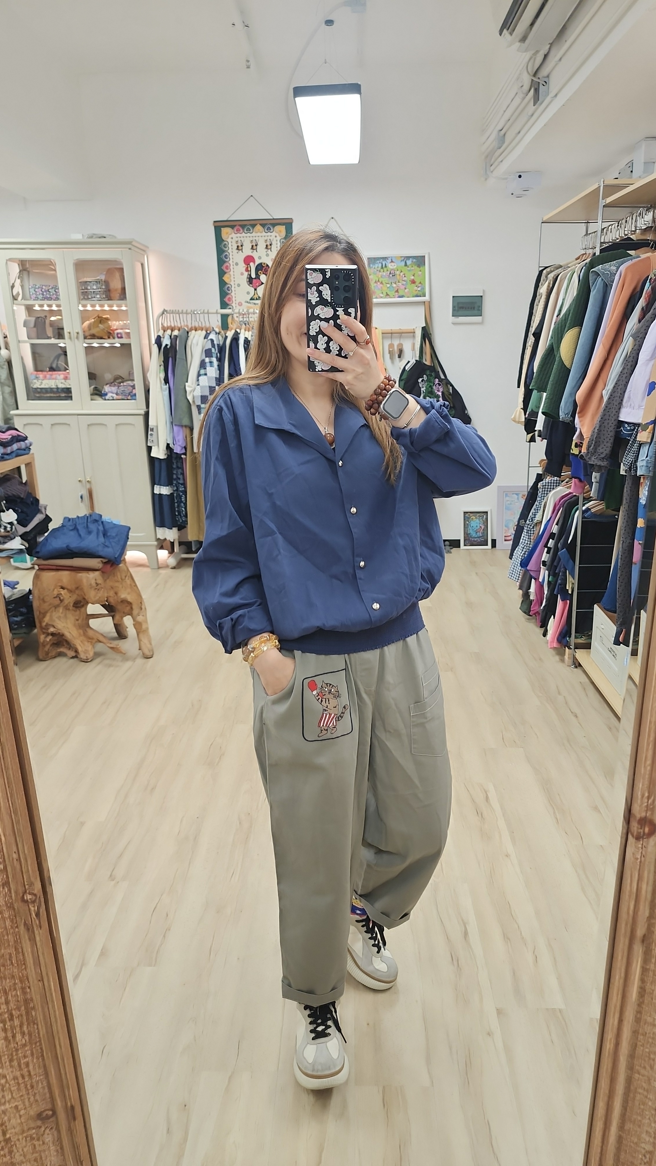 韓國洗水深藍橡筋腳半開胸裇