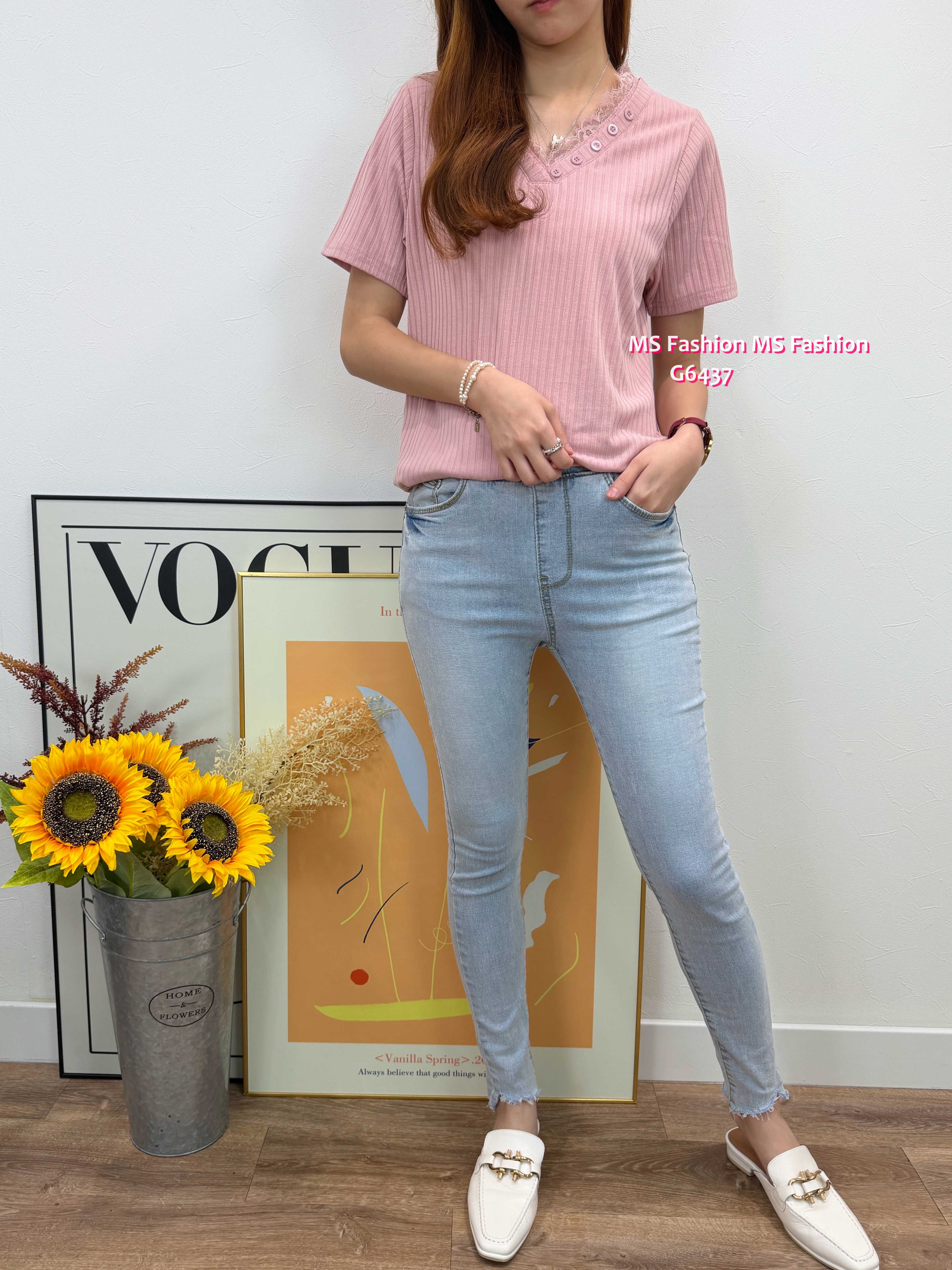 G6437 V領lace暗直紋top
