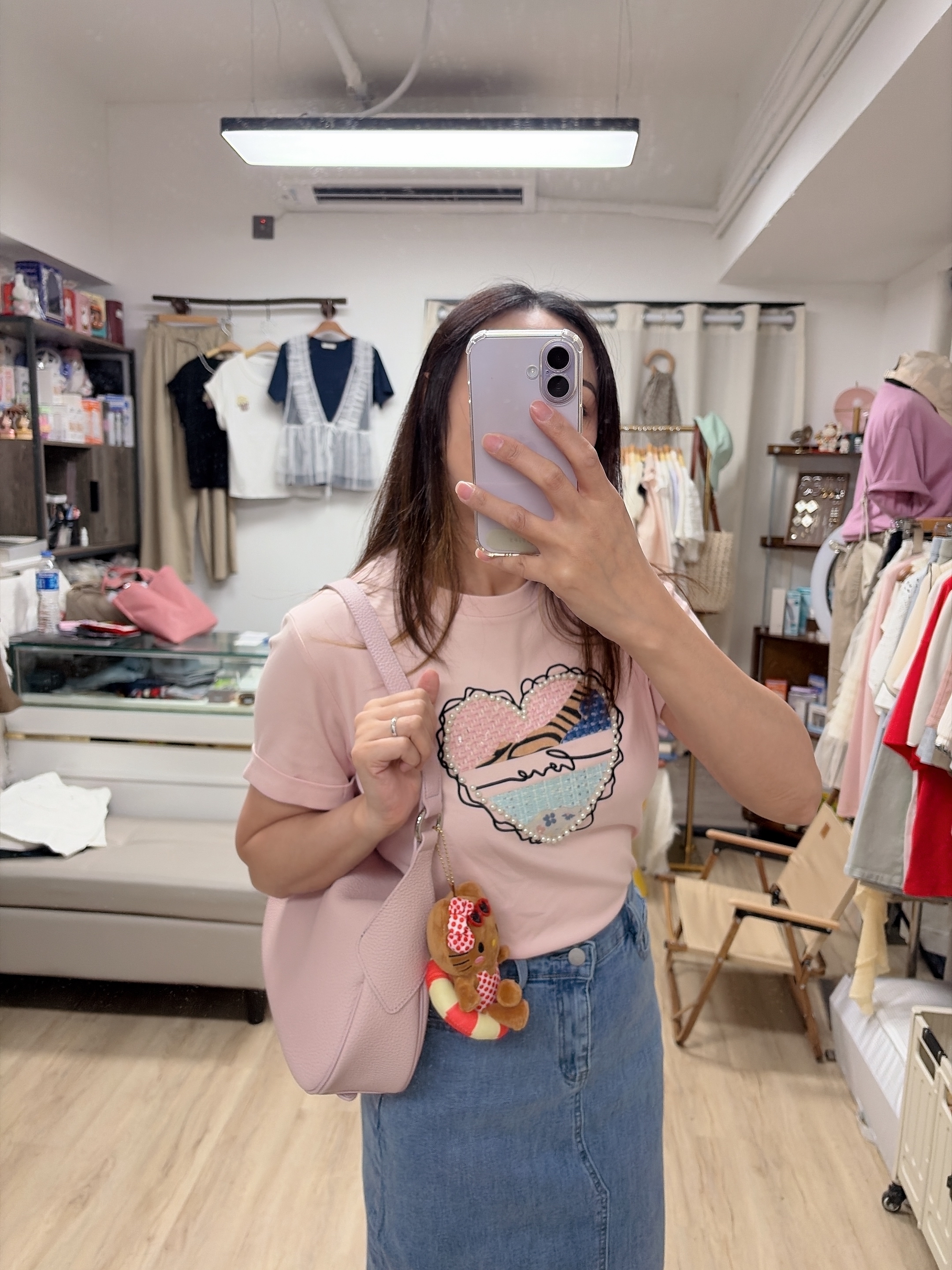 Tweeds拼色心型珠珠滑棉Tee 