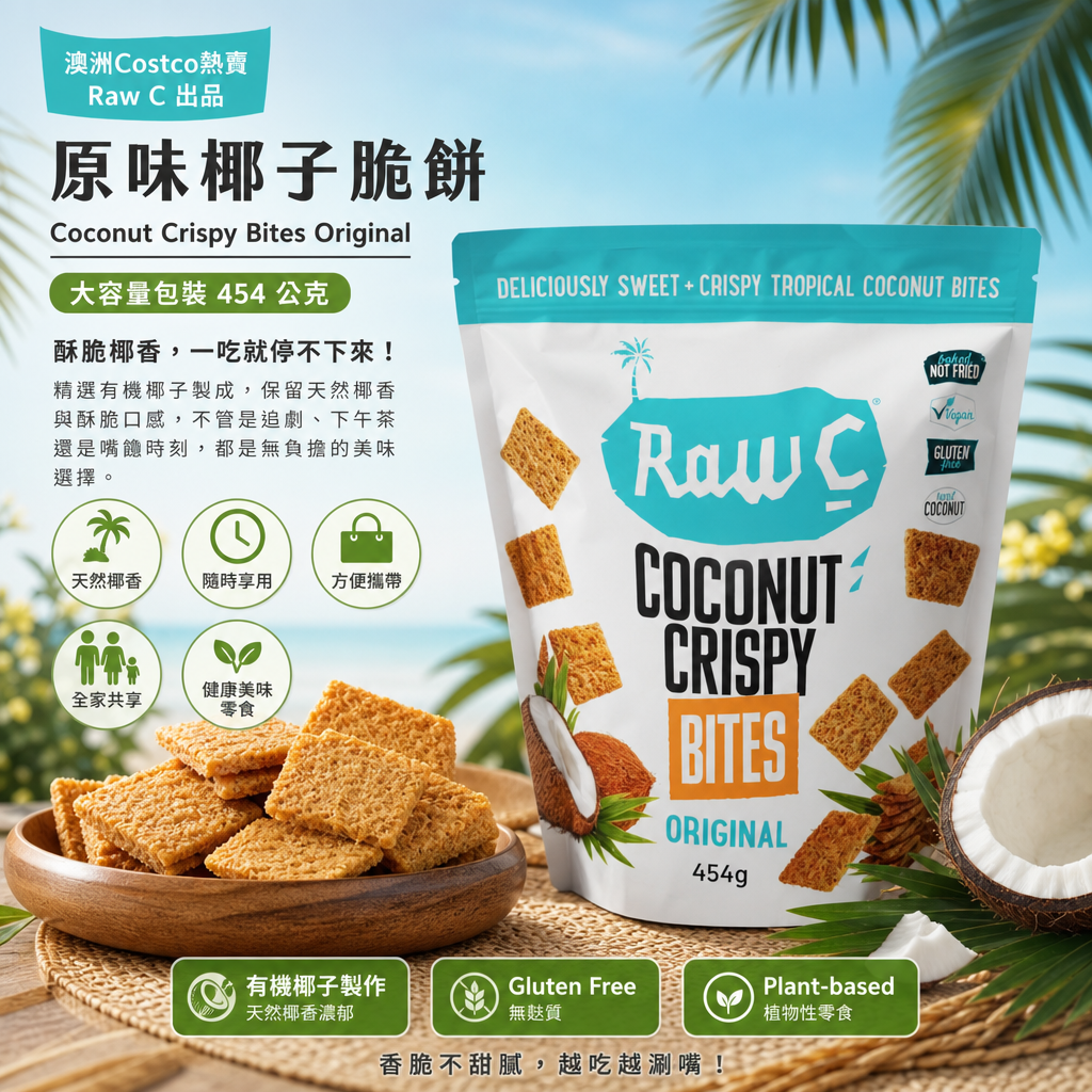 澳洲Costco  Natural Raw C 出品的原味椰子脆餅 Coconut Crispy Bites Original大容量包裝為 454 公克