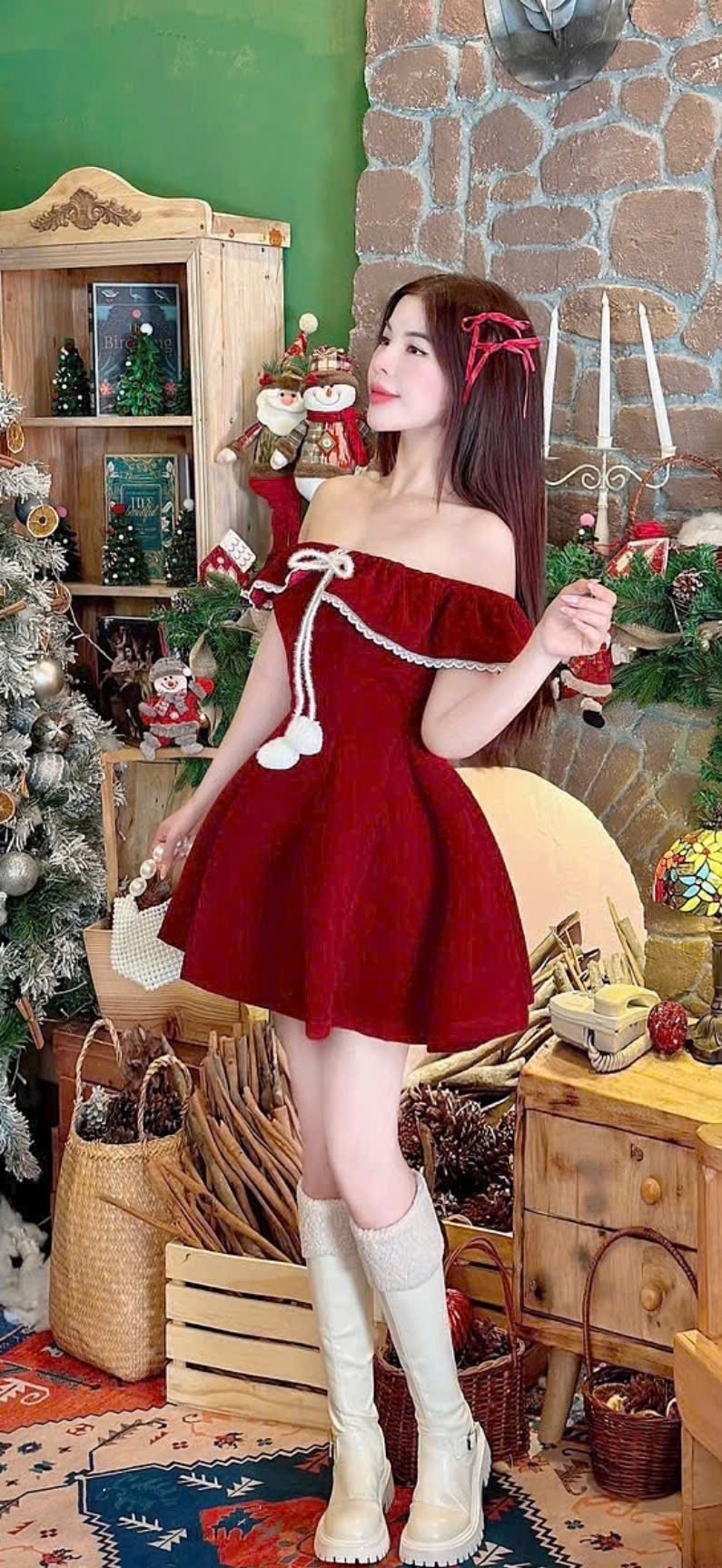 紅色露肩絲絨聖誕連身裙