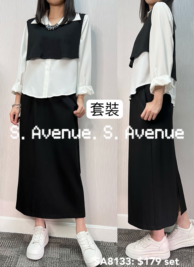 SA8133: 長袖shirt配背心配半截長裙套裝