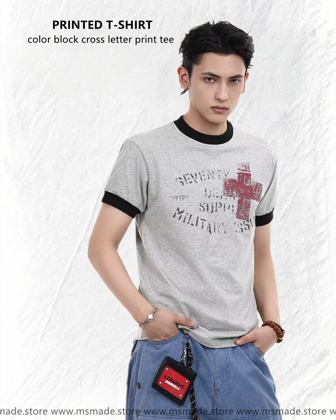M27454撞色十字架字母印花tee