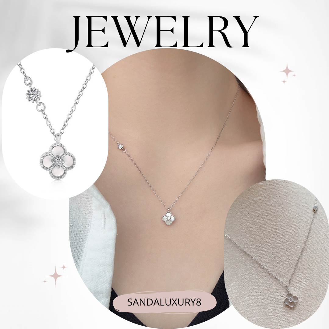 Silver Clover Necklace with Diamonds  - SANDALUXURY8