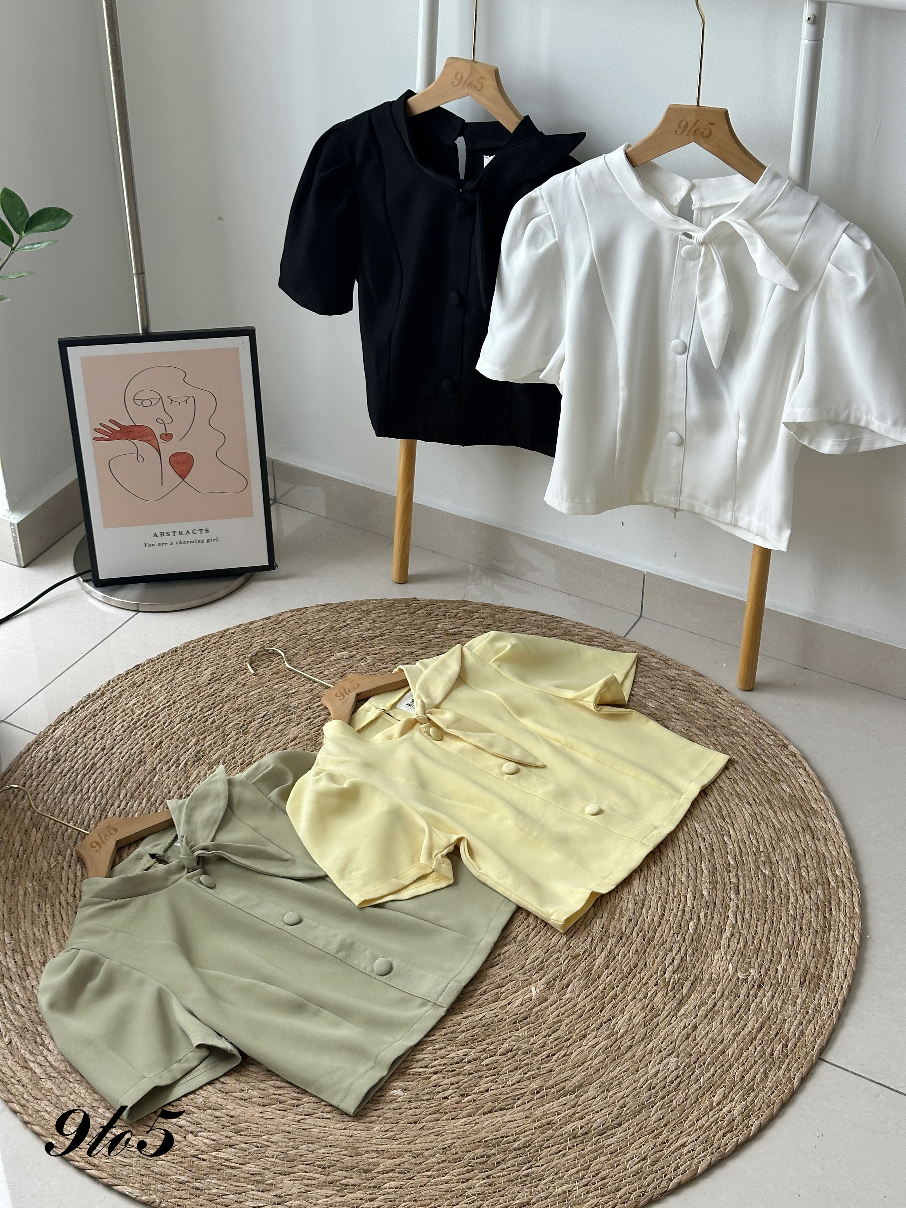 T4175 Puff Sleeve Tie Neck Top - 4 Colors 