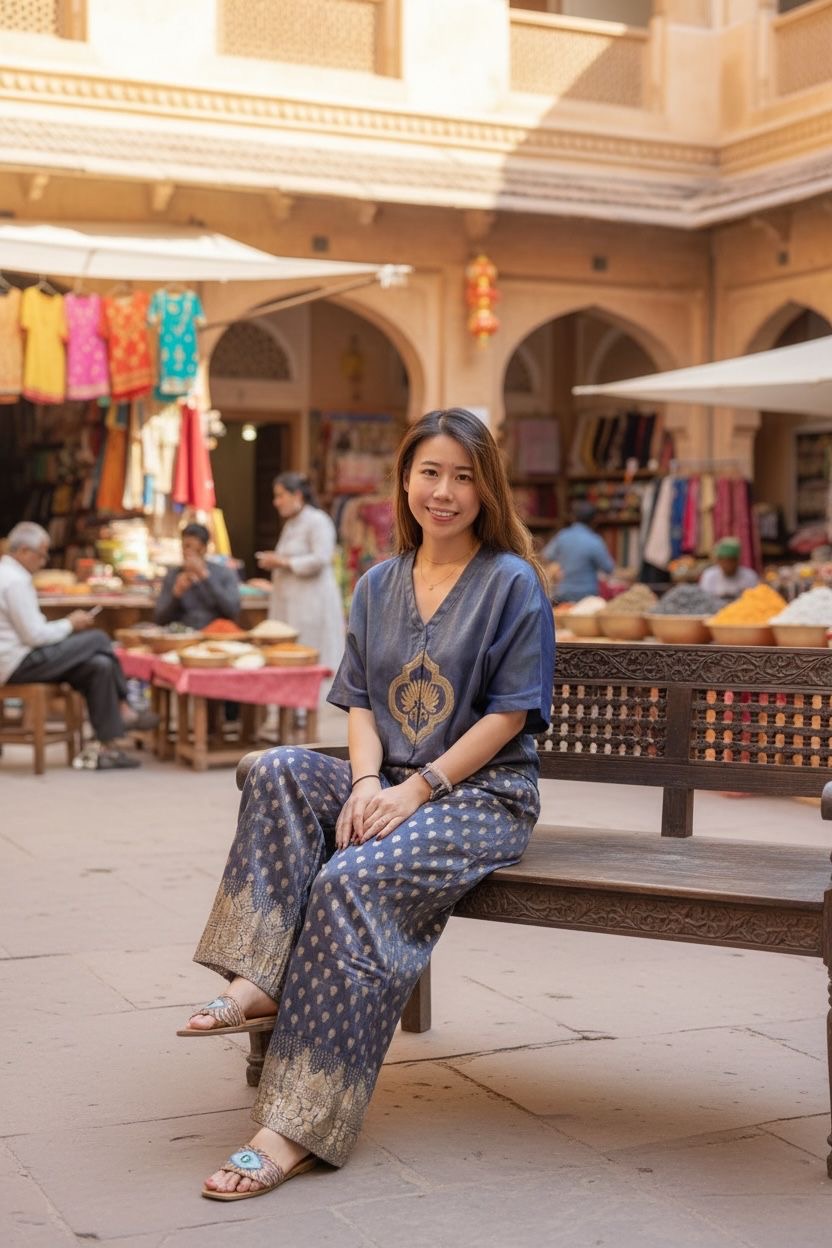 Navy Blue Chiffon Silky Gold Print Pants 38" #1109