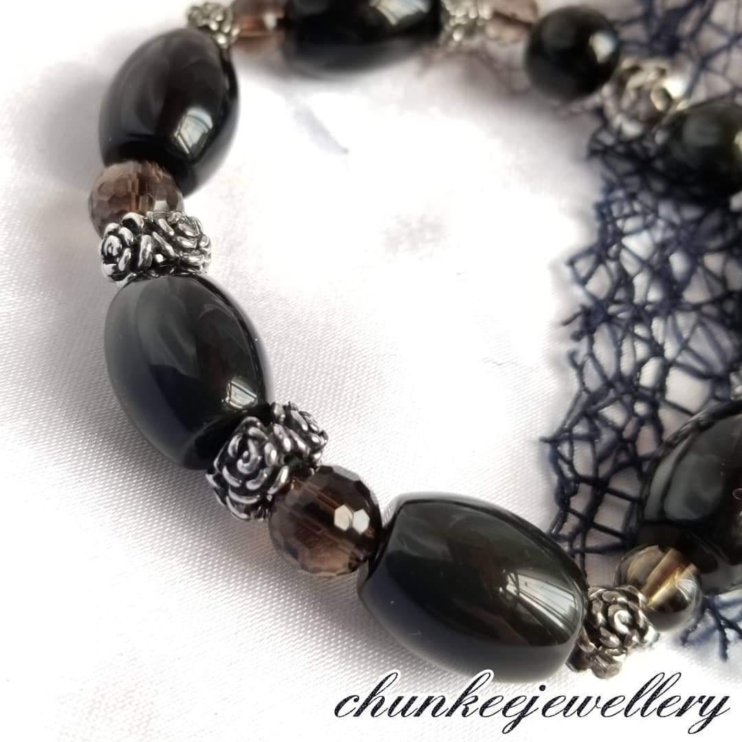 黑曜石茶水晶藏銀手鏈