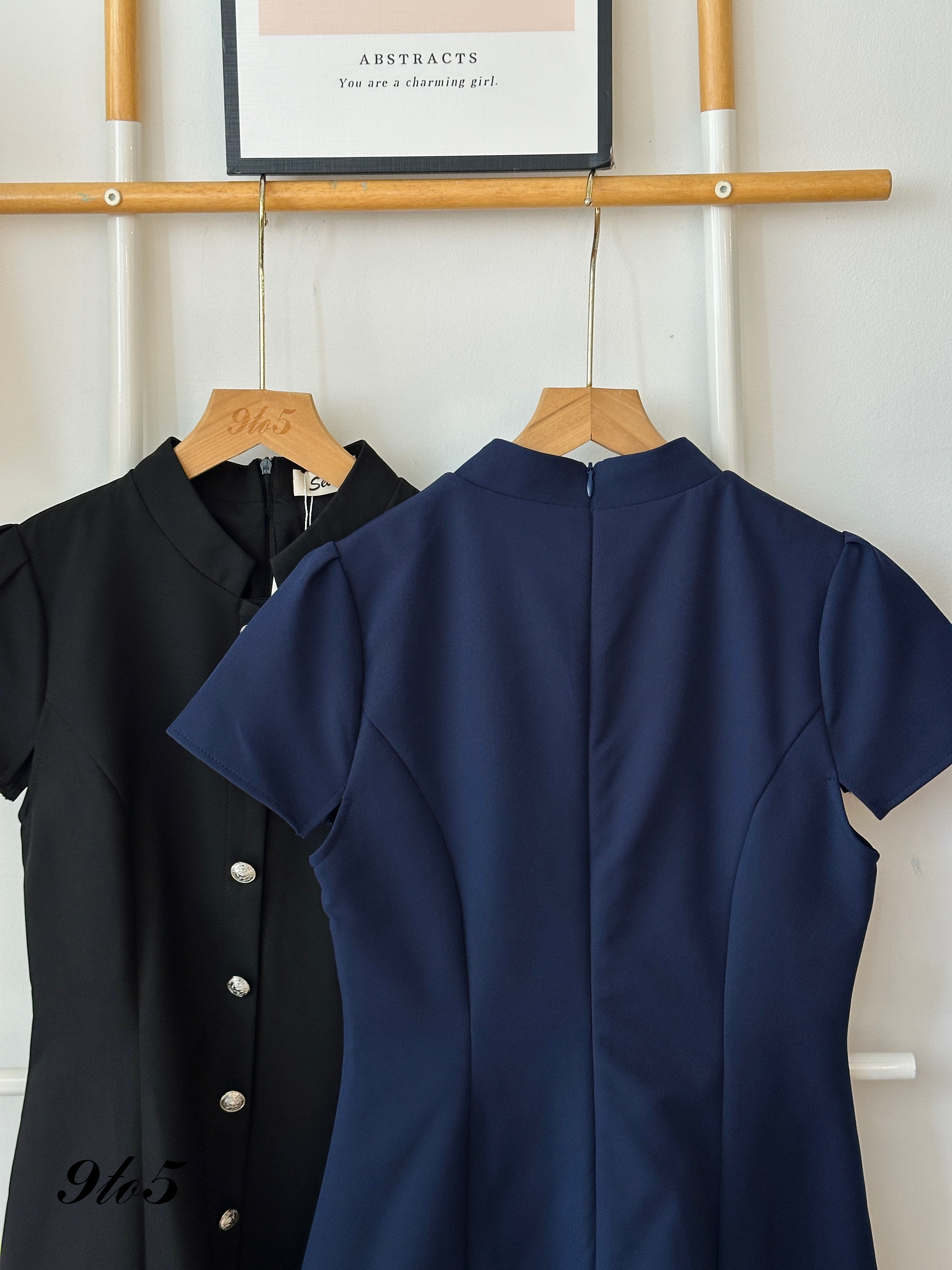 D2313 Puff Sleeve Stand Collar Dress - 3 Colors