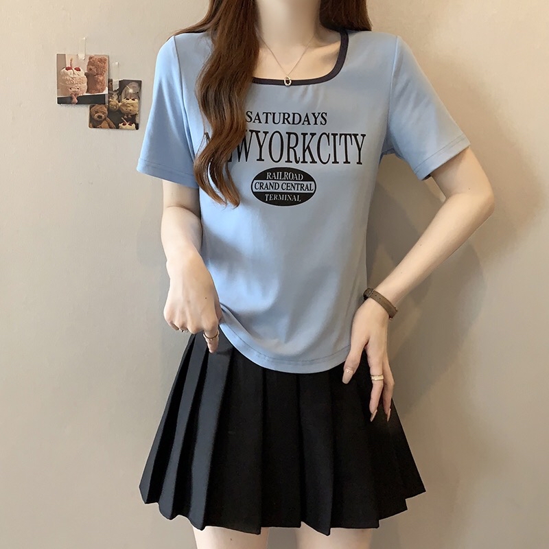 A59(33858) 韩版时尚撞色U领NEWYORK CITY 5色上衣