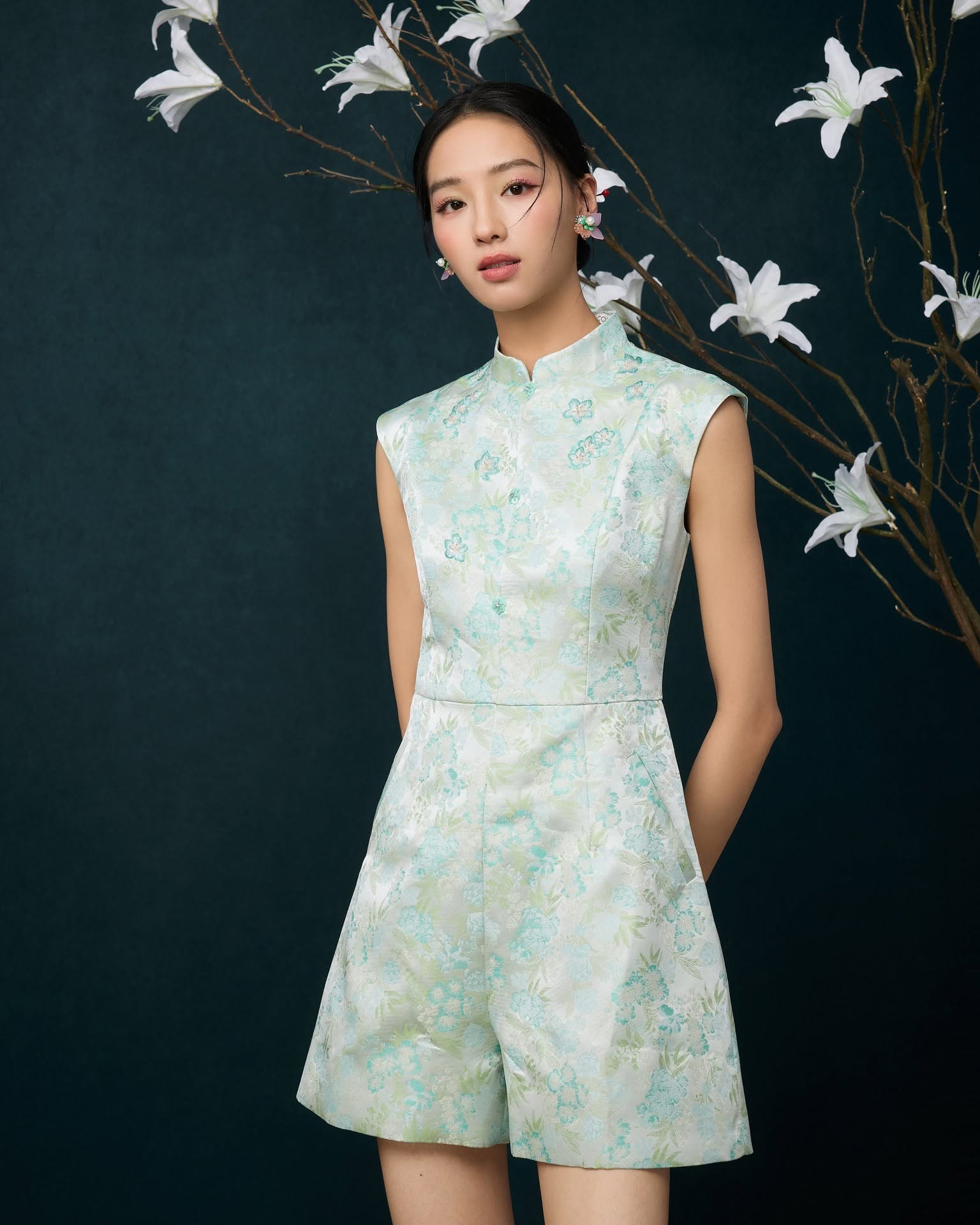 玻璃珠饰旗袍连身裤 D0355