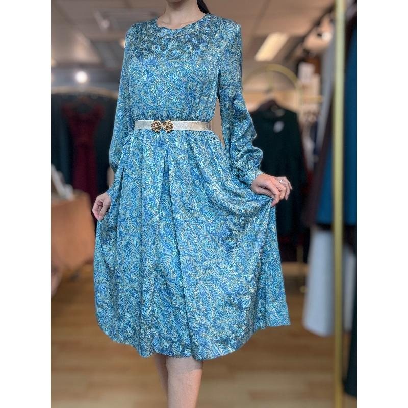 Vintage Japanese Tropical Leaf Pattern Long Sleeve Day Dress- Size L(MT1608-145)