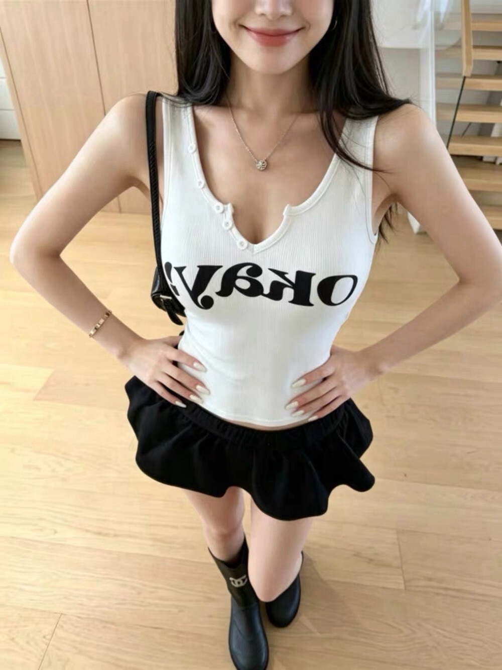 辣妹撞色字母印花背心（含100%棉料）(胸垫不可拆卸) Graphic Tank Top 