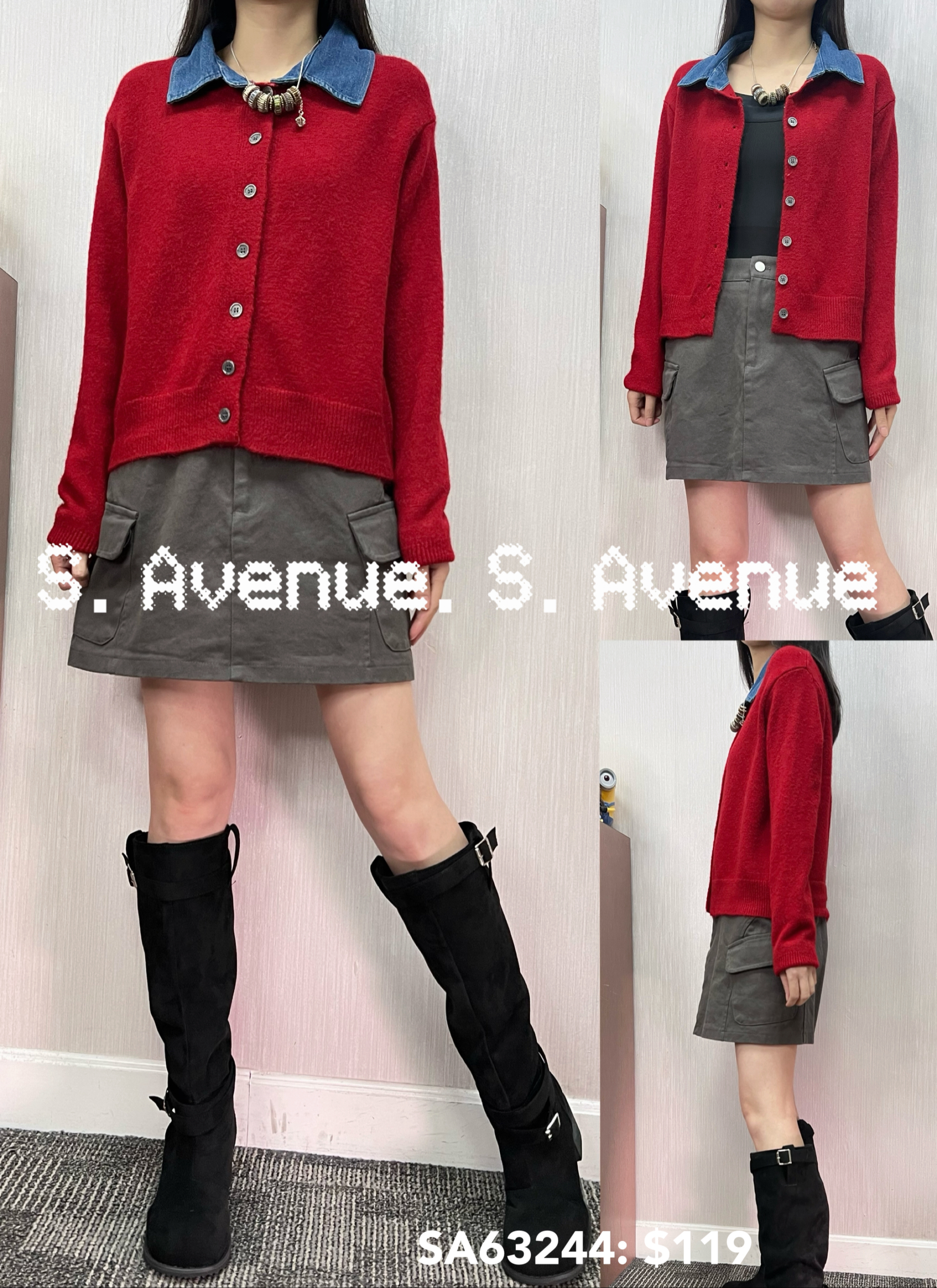 SA63244: 長袖牛仔領有鈕雙著冷top