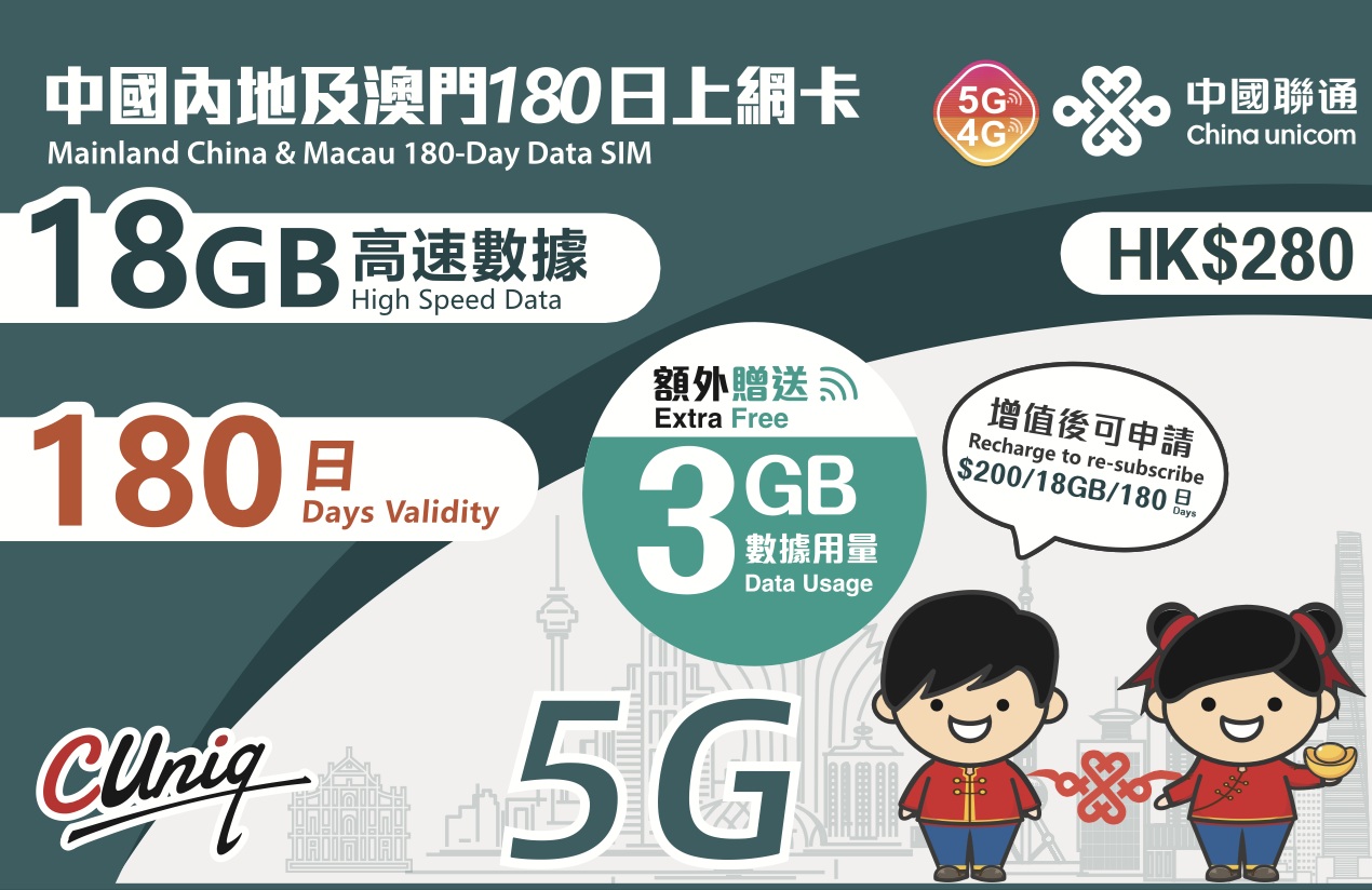 📬限時包平郵📬🛳️中國聯通5G/4G版 中國內地/澳門180日/24GB上網卡 中國 澳門 不定期出差2地 半年多次往返大陸 澳門 長者 China Macau data sim 無需實名 插卡即用