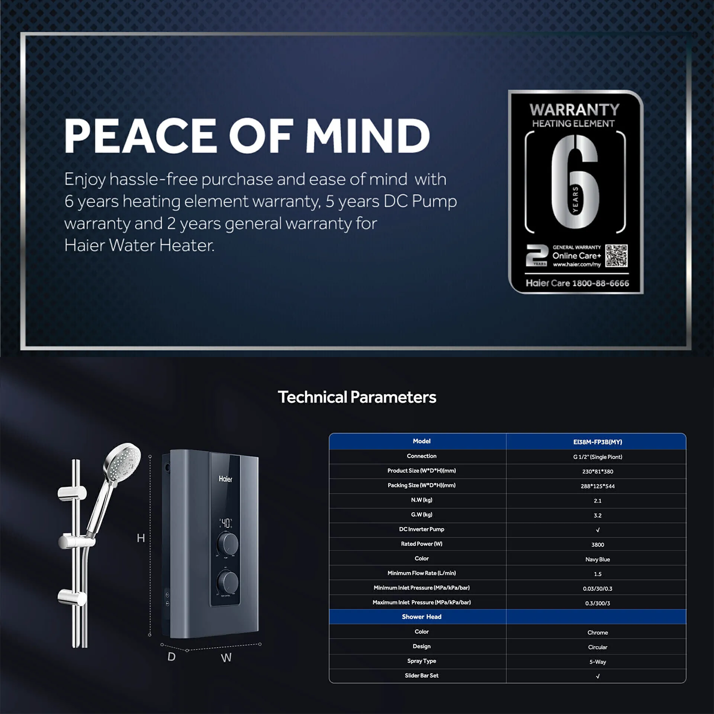 Haier 3.8kW Non-Pump Water Heater Black (EI38E-FP3B)