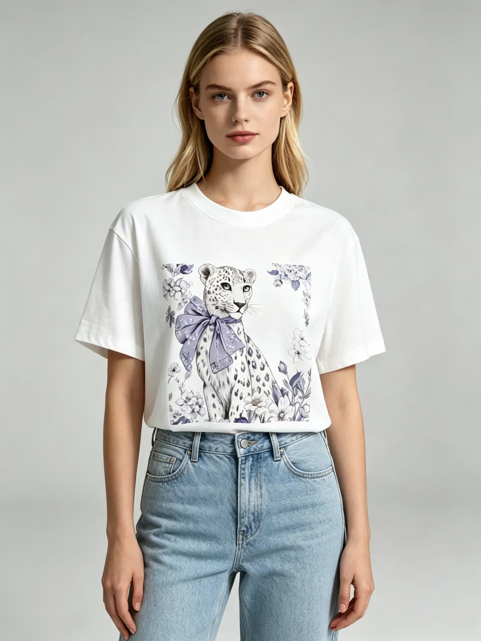 [訂購］M012 Lavender Bow Floral Snow Leopard Tee