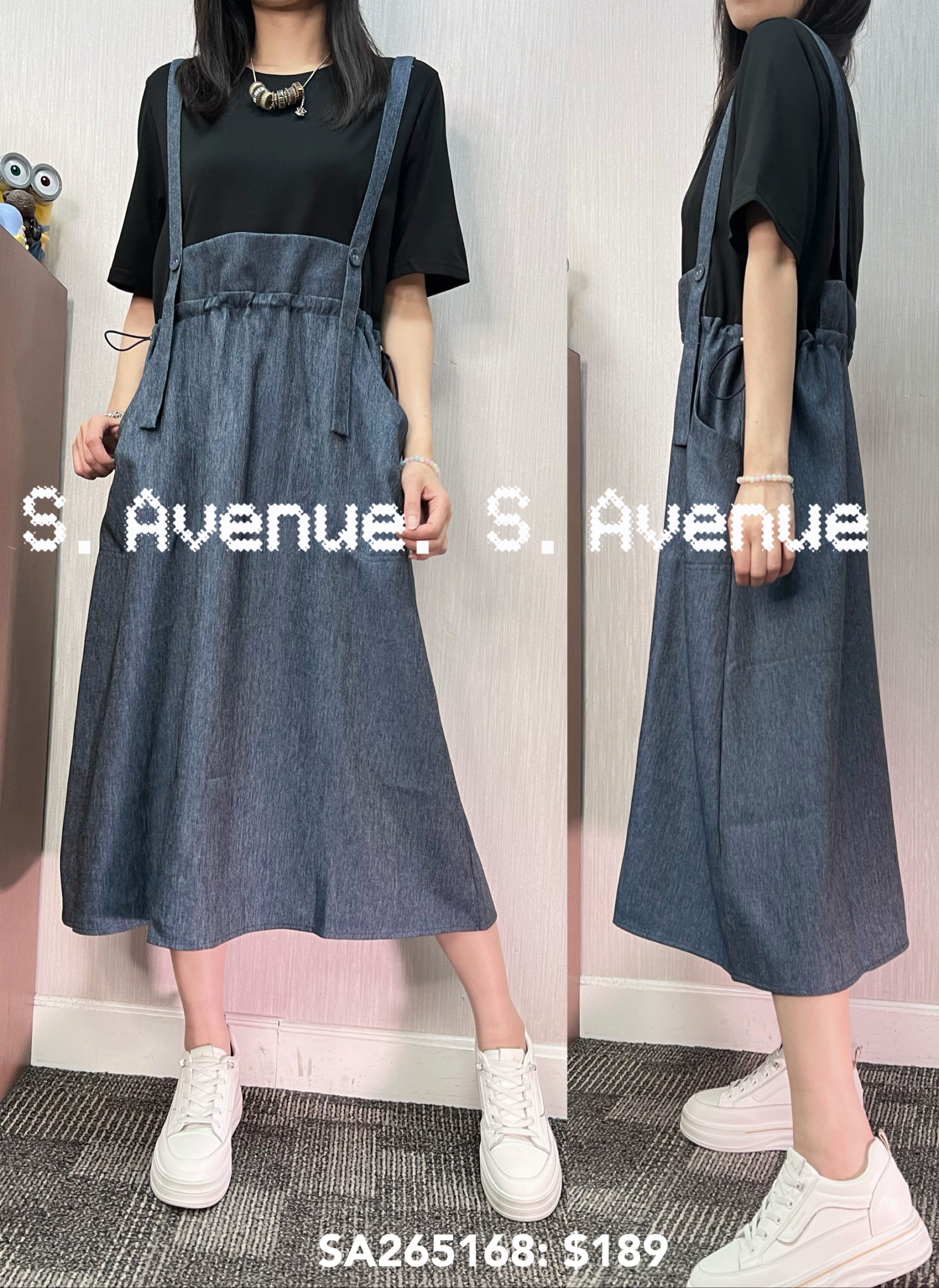 SA265168: 短袖吊帶假兩件工人裙