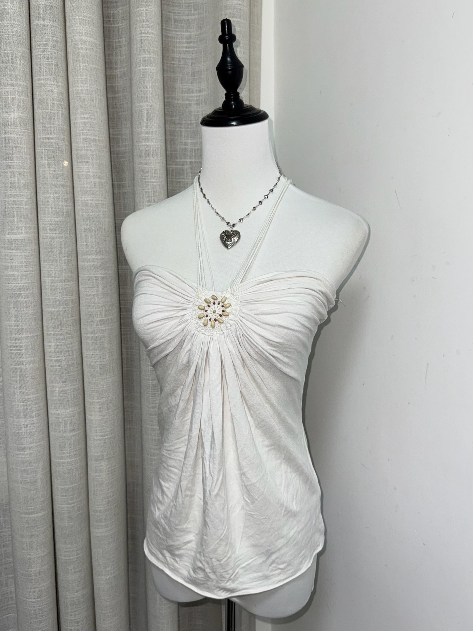 White Halter Neck Top with Center Beaded Sunburst Detail and Ruching