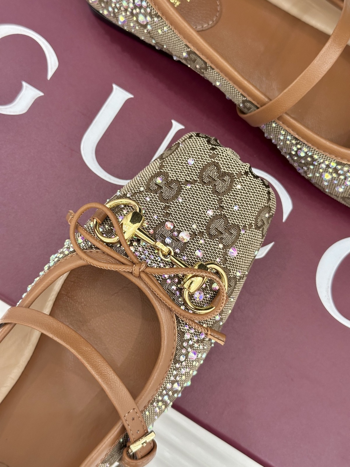 【原單】GUCCI GG Crystal Horsebit Ballet Flats 馬銜扣蝴蝶結彩鑽芭蕾鞋
