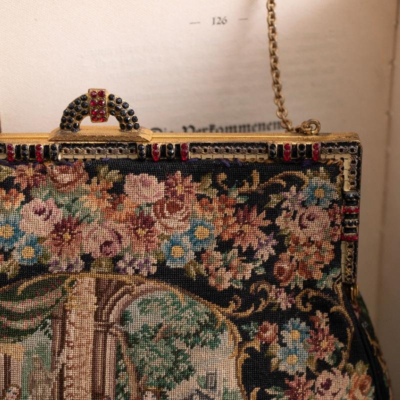 C.a. 1940s Floral & Garden Scenery Tapestry Handbag with Enamel Frame and Champagne Lining (MT2029)