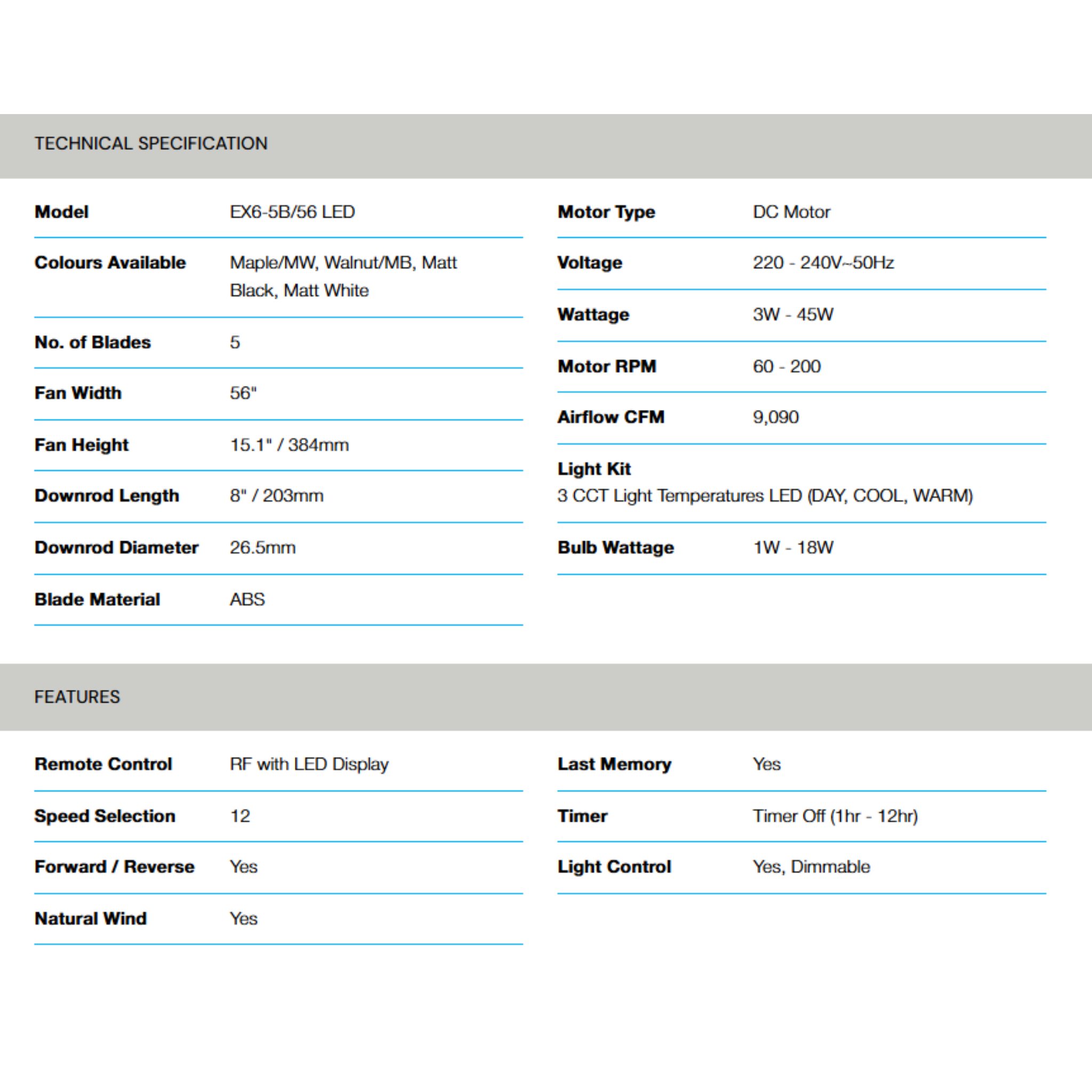 Alpha 56" EX6 AC Motor LED Ceiling Fan (EX6-5B)