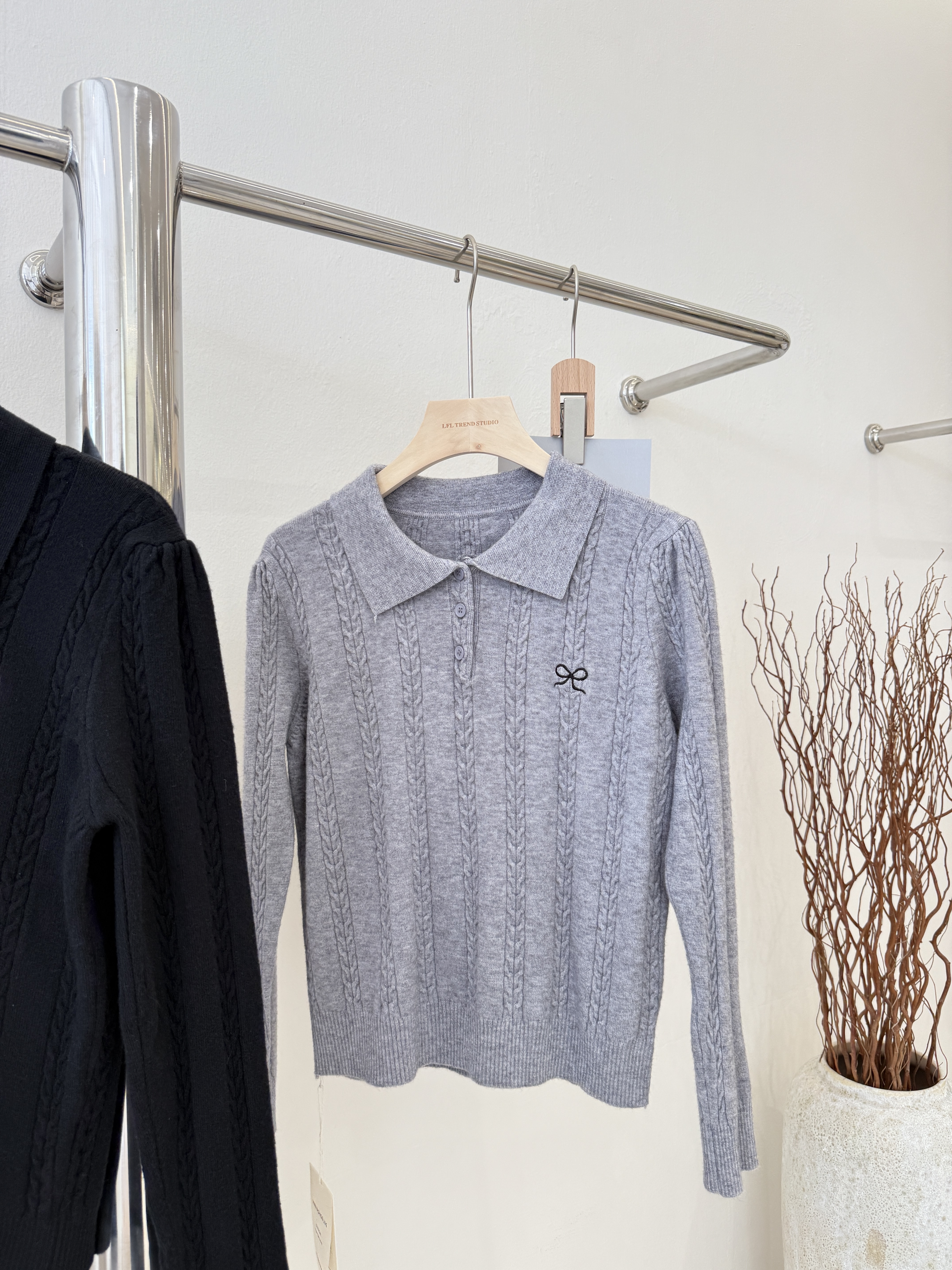 6830 POLO领蝴蝶结麻花辫针织长袖