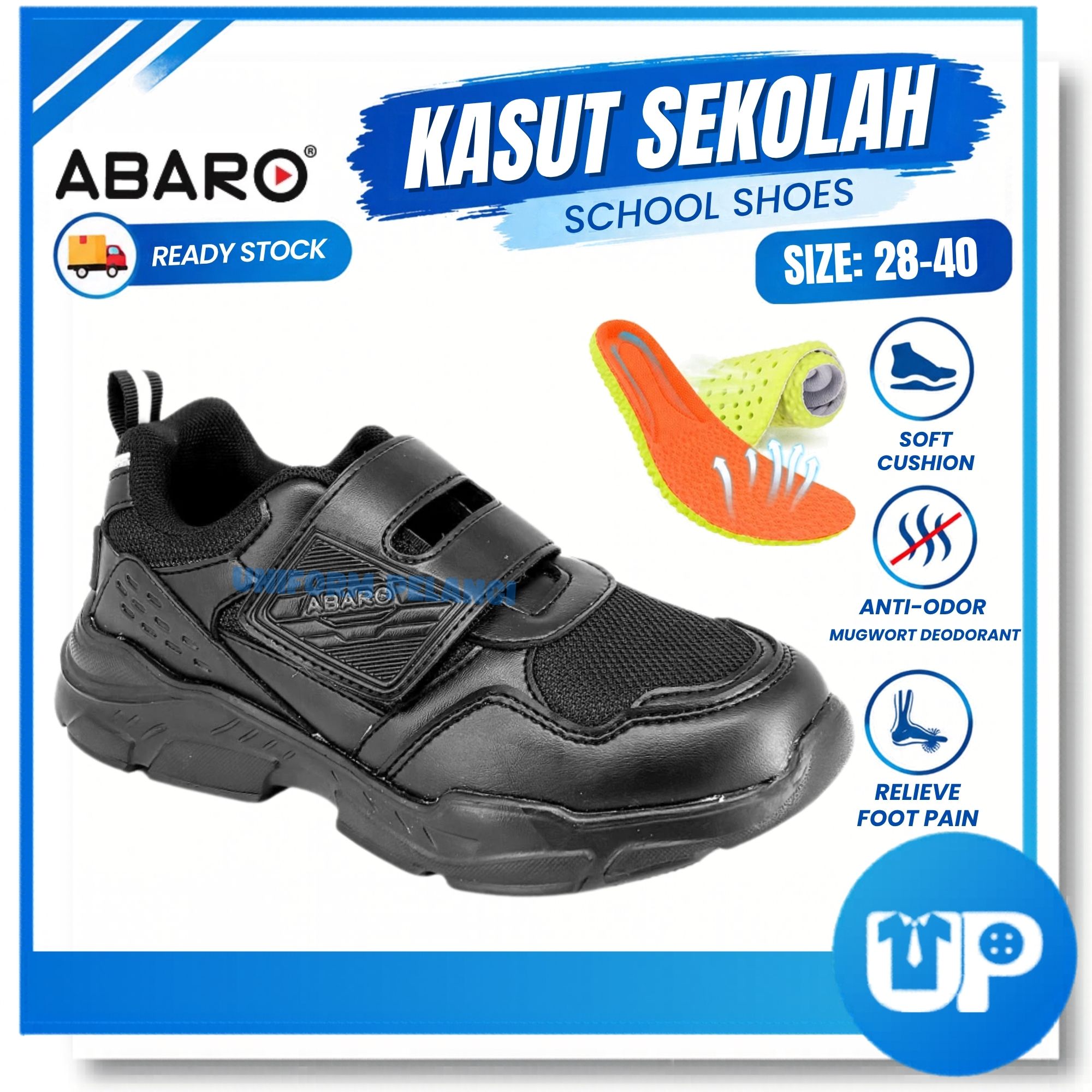 ABARO Kasut Sekolah Hitam Velcro Strap Mesh Material Lightweight Sekolah Soft Cushion Shoe (2817N)