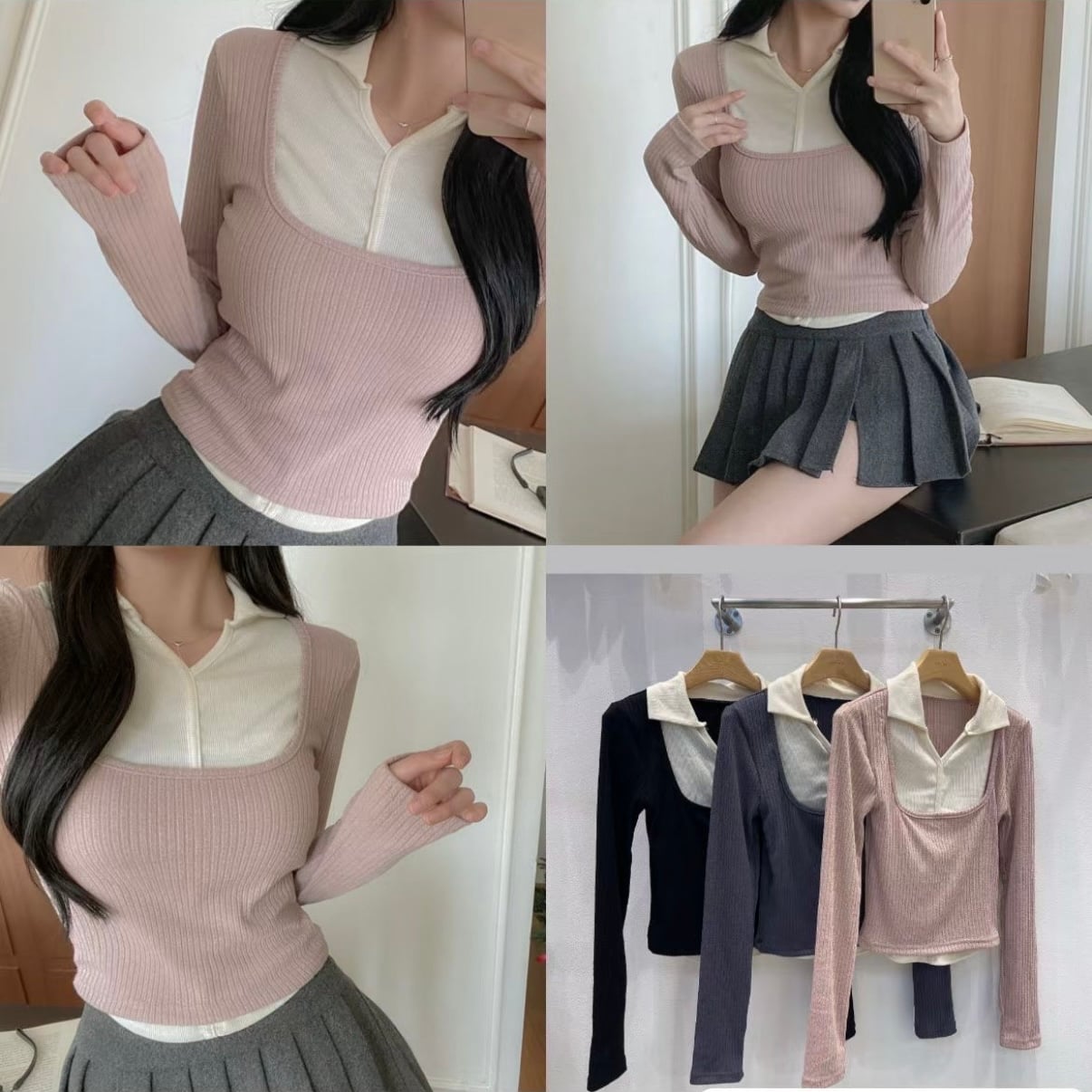 已售罄❌韓國開領假兩件拼色top