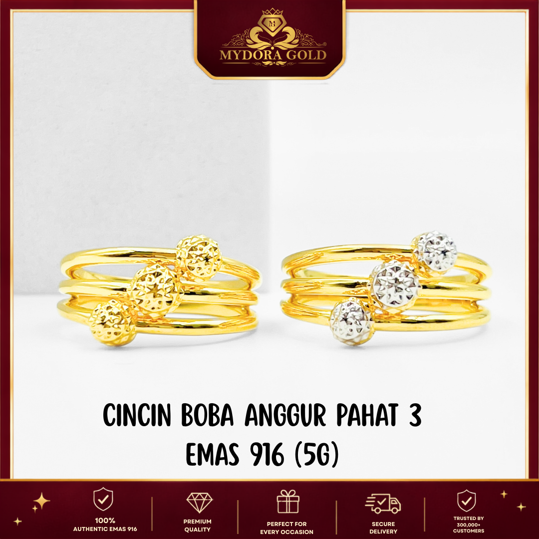 MYDORA Cincin Boba Anggur Pahat 3 (5G) l EMAS 916/22K