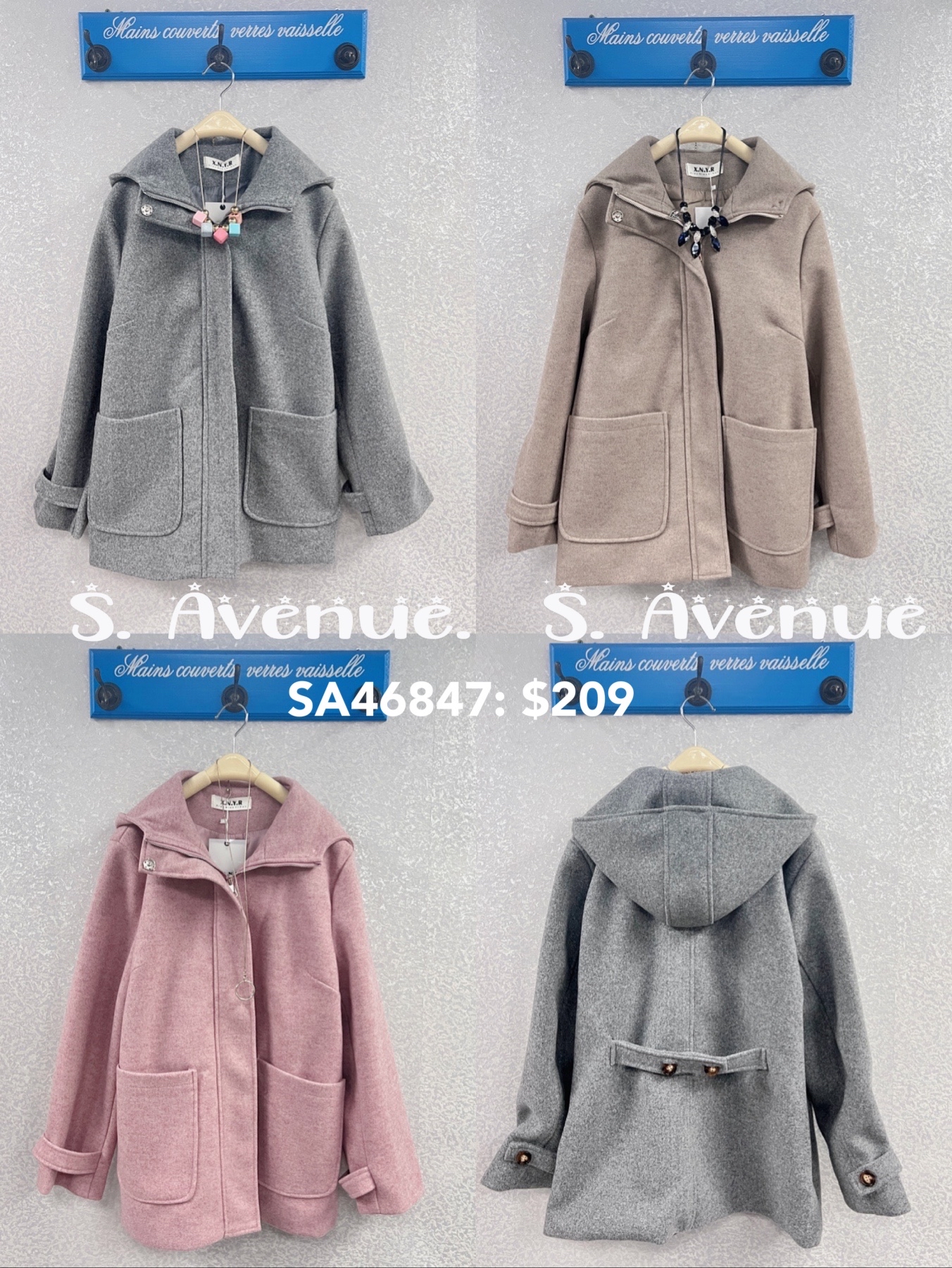 SA46847: 長袖有帽方袋絾褸