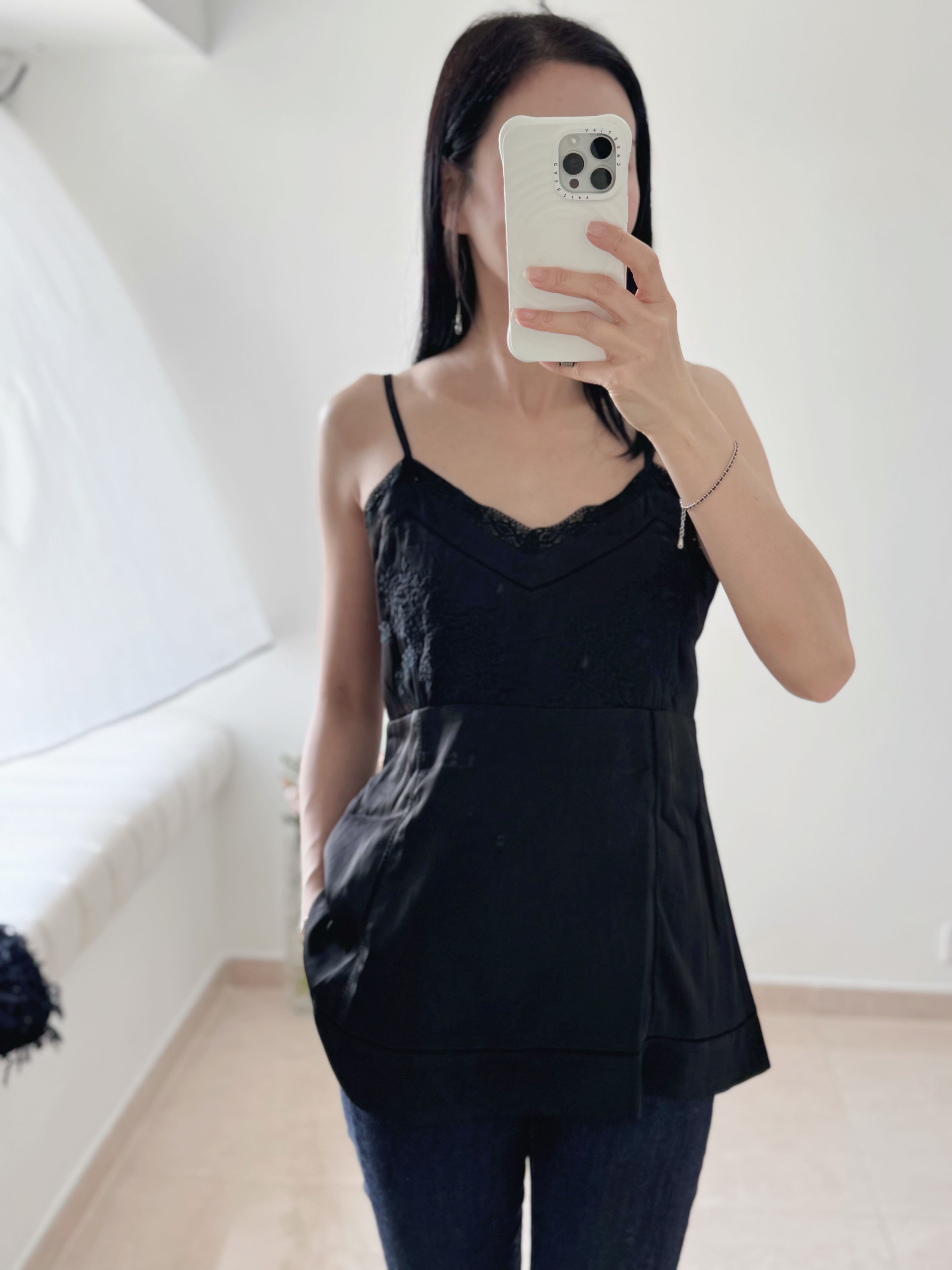 Elegant embroidered longline cami top (black)