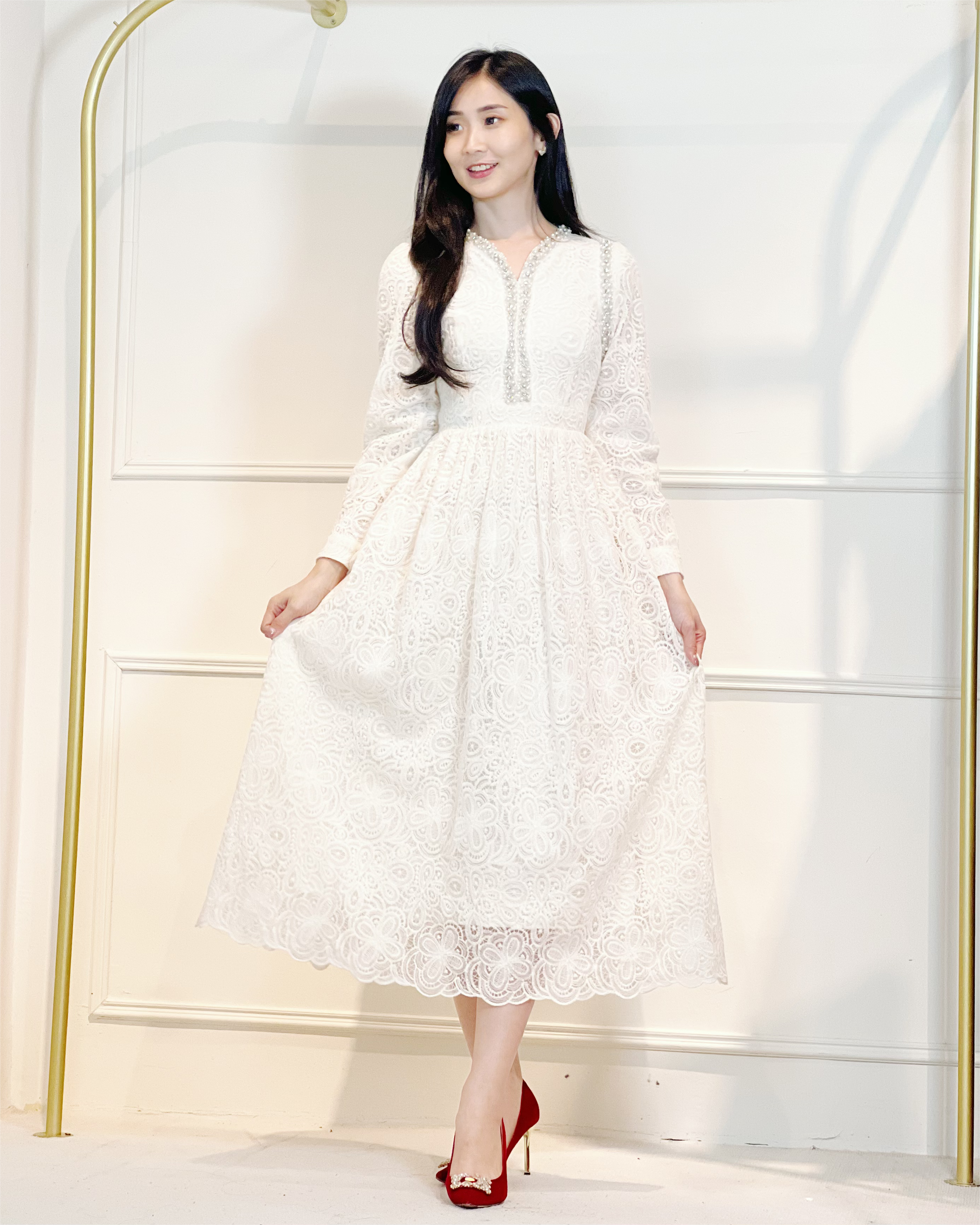 5079 Seraphina Pearl-Trim Lace Dress