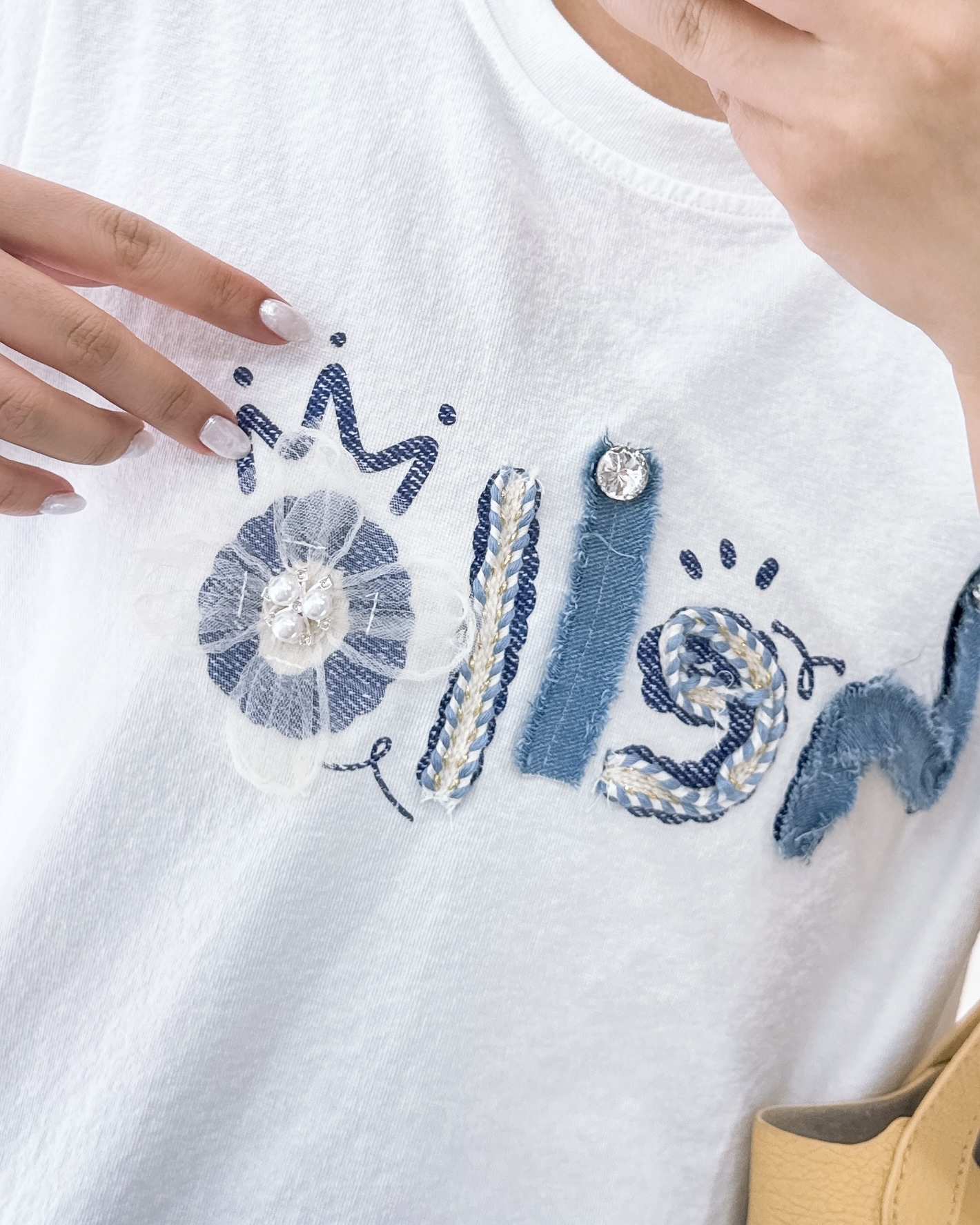 拼牛仔布索繩刺繡上衣