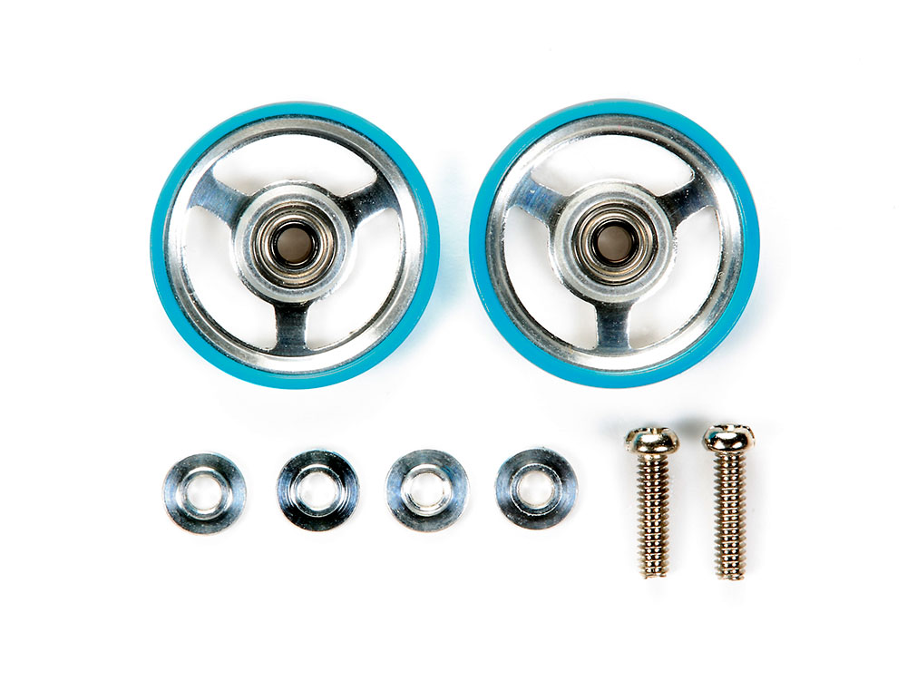 17mm ALUMINUM ROLLERS w/PLASTIC RINGS (LIGHT BLUE)