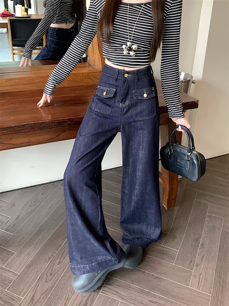 B126(5003) 韩版JEANS单钮双翻盖单钮口袋蓝直筒长裤