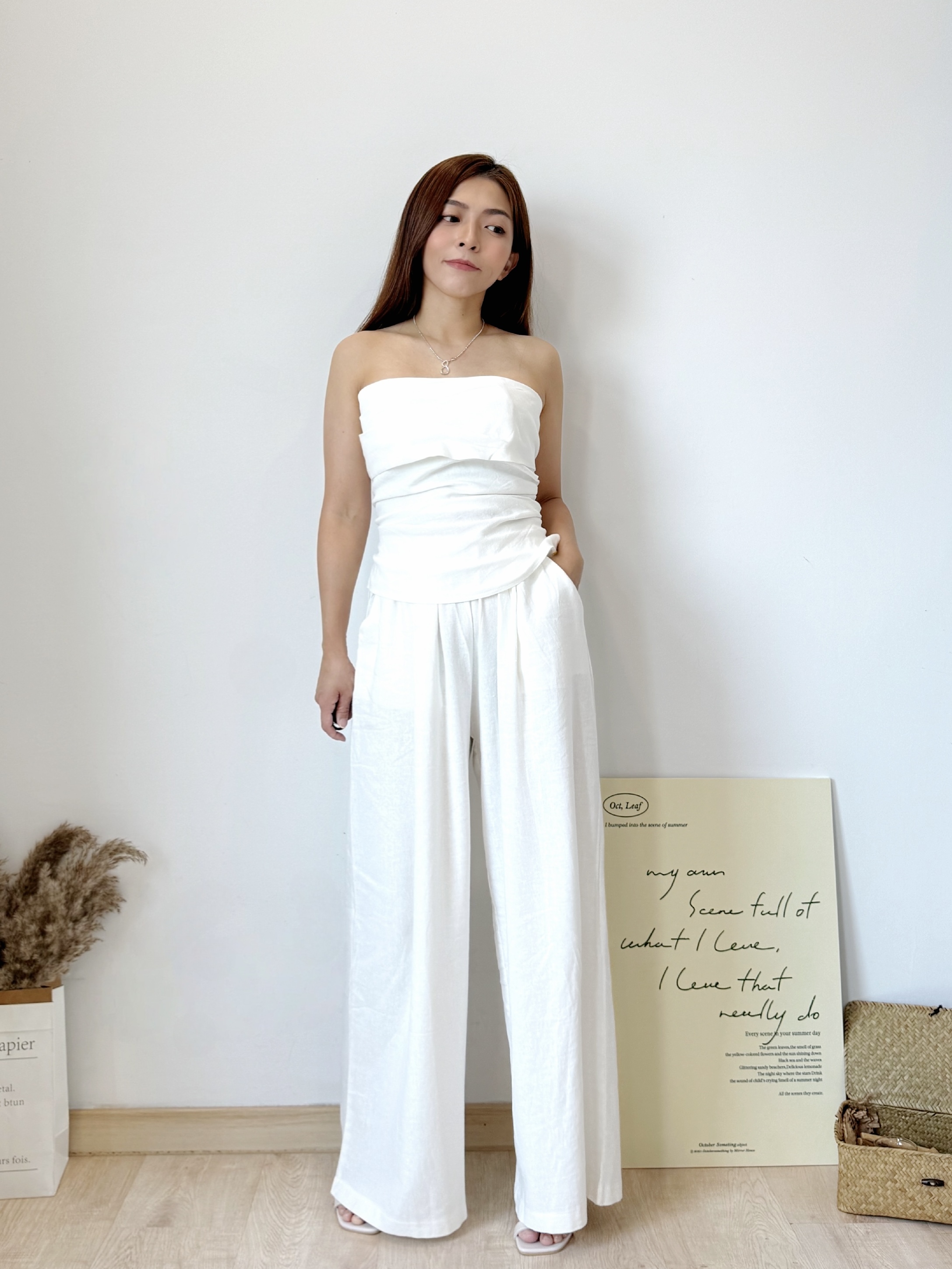 Luna Linen Tube Top +Trouser Sets 亚麻抹胸上衣 + 直筒阔腿裤两件套( 2 colours )