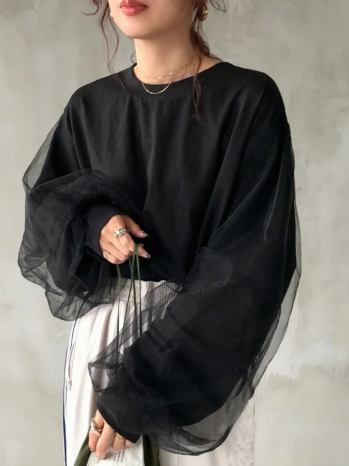 (兩色）薄紗拼接上衣