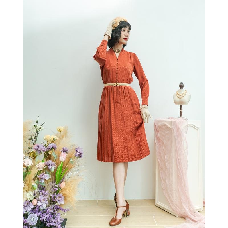Vintage Japanese Tokyo Style Retro Orange Striped Pattern Structural Bodice Dress (MT1840-40)