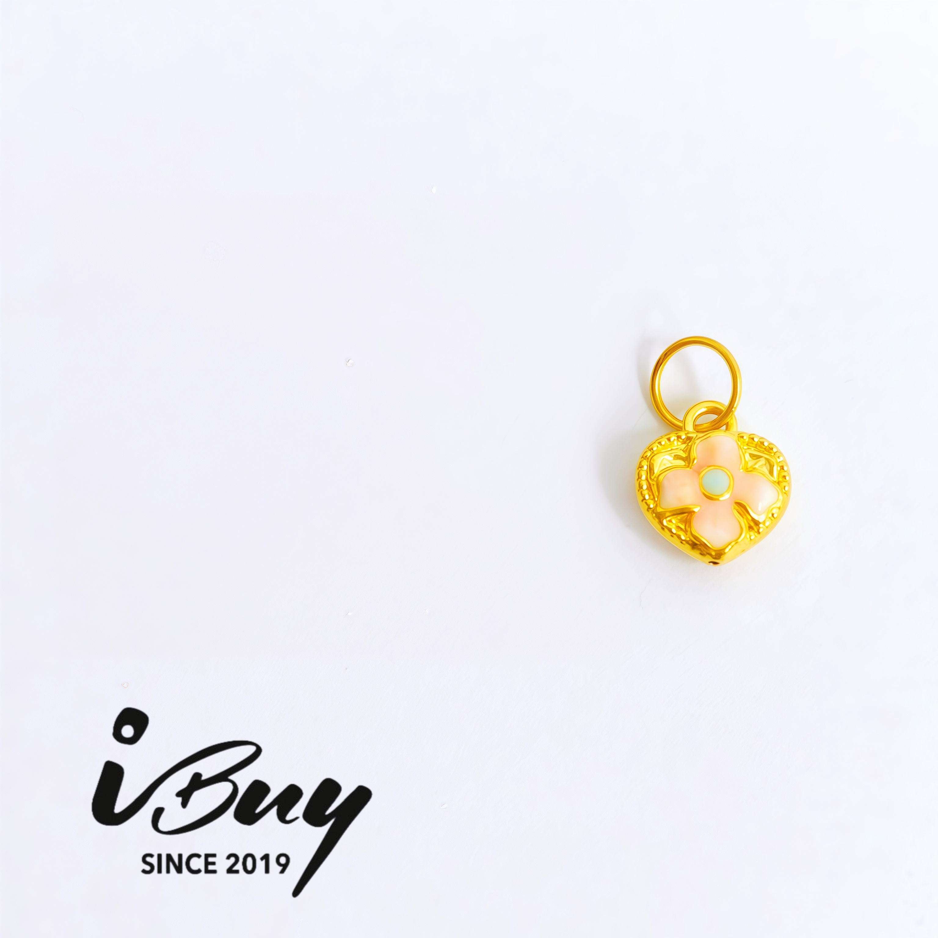 999 GOLD PINK ENAMEL CLOVER HEART PENDANT 999 金 莫奈花园-珐琅粉花吊坠