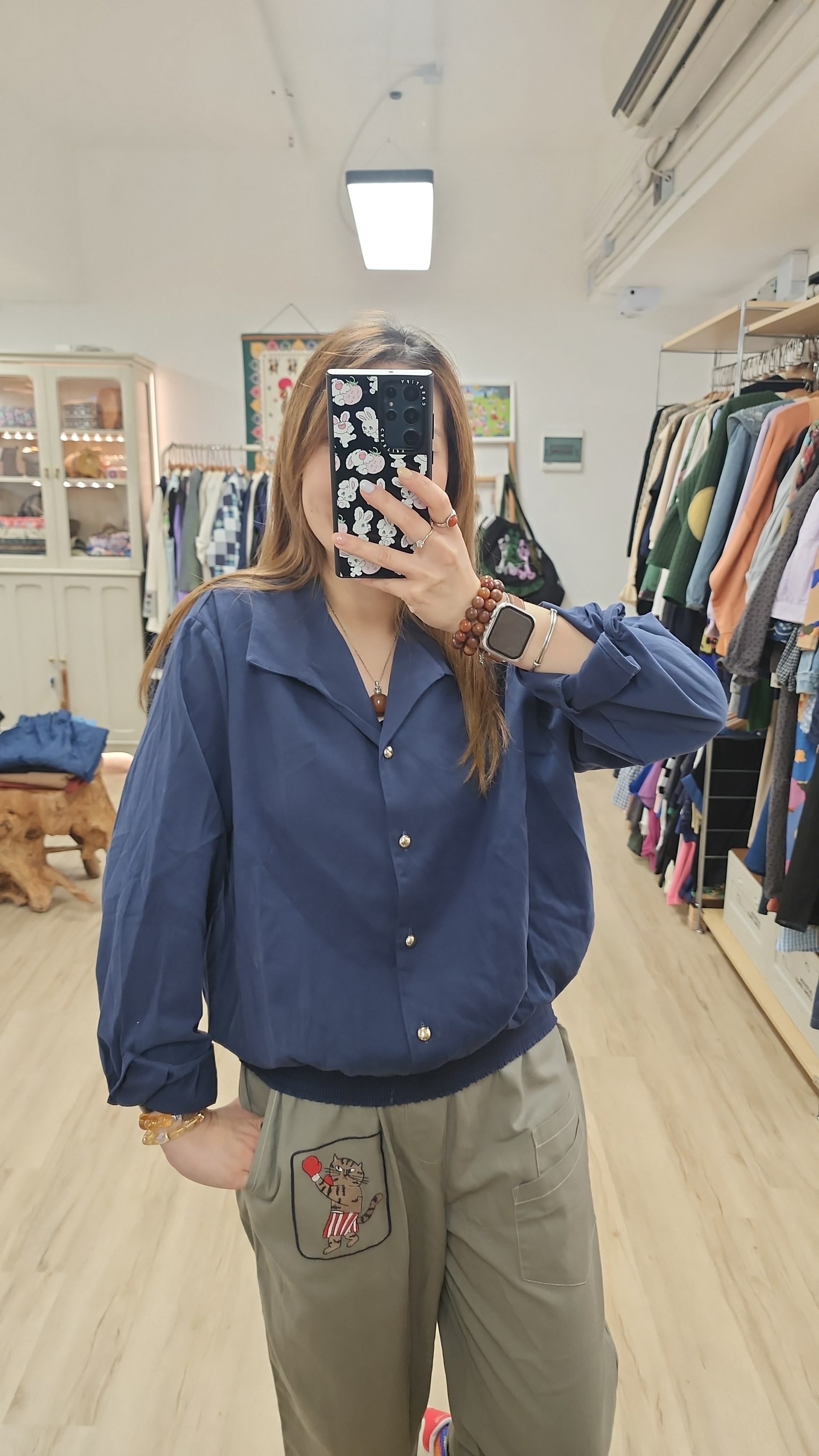 韓國洗水深藍橡筋腳半開胸裇