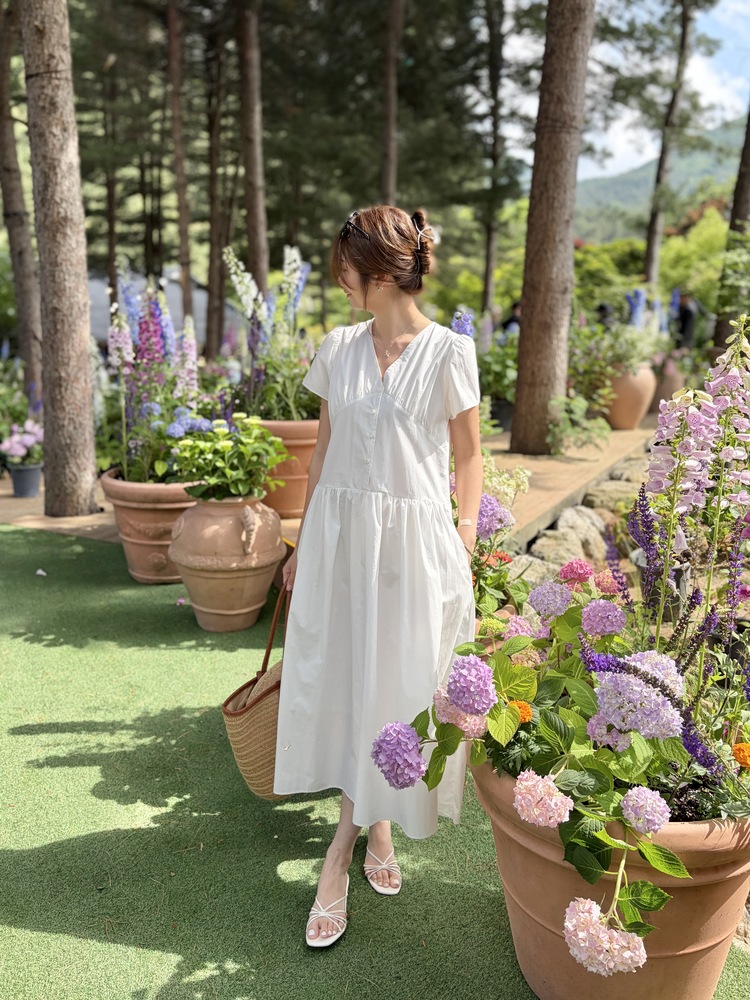 Airy Button Front Long Dress (White)