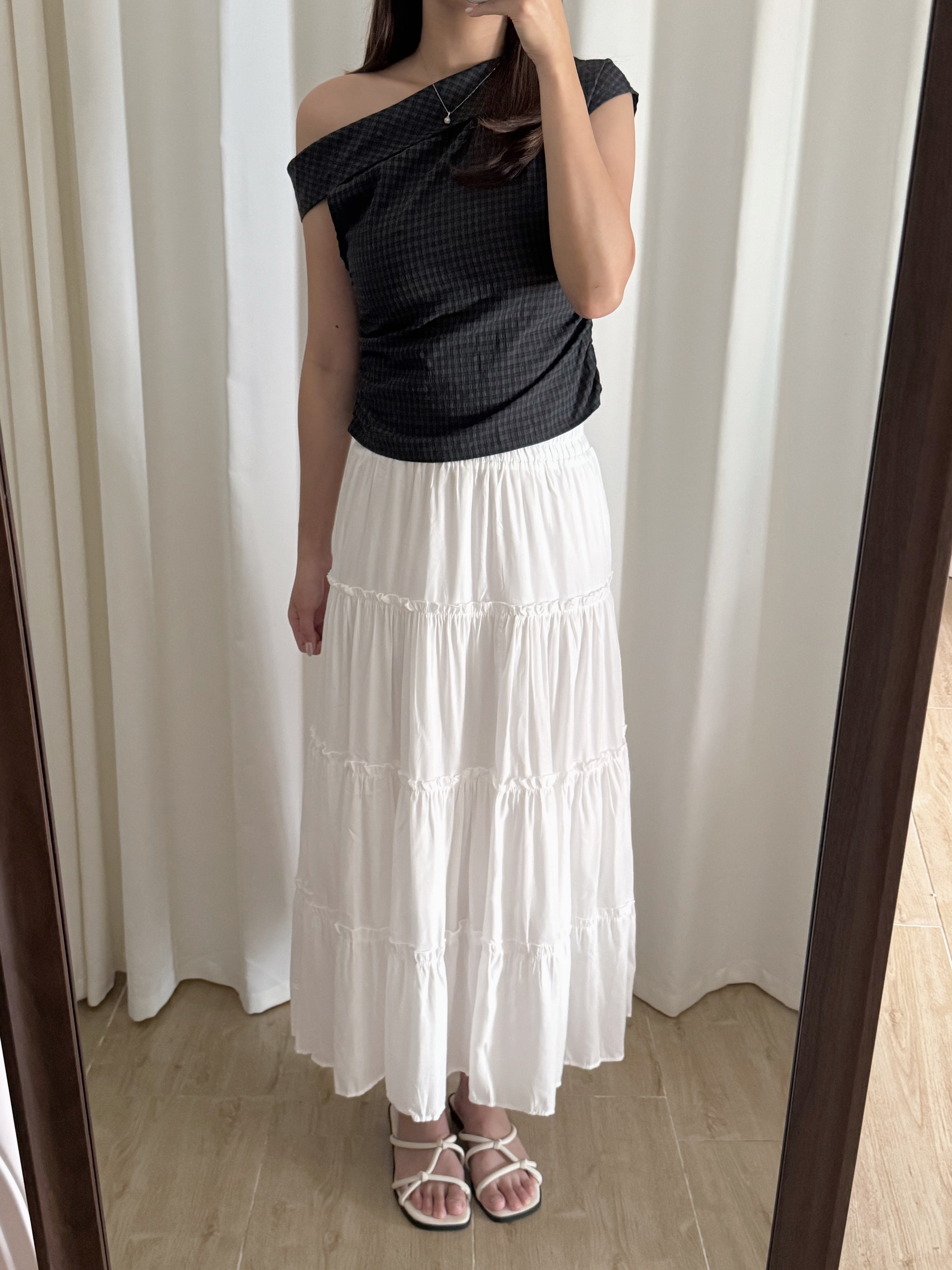 格子斜肩短袖上衣(兩色入)