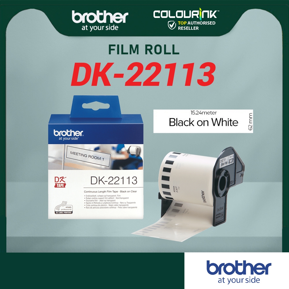 Brother Original Continuous Length Film DK-22113 62mm x 15.24m Black on Clear for QL-700 QL-800 QL-820NWB