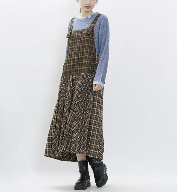 雙格紋交織百褶連身裙 - 2026 流行穿搭  女士連身裙 春秋冬時尚穿搭 成人休閒 日常穿搭 易於配搭 日本直送   #JP-I-260001
